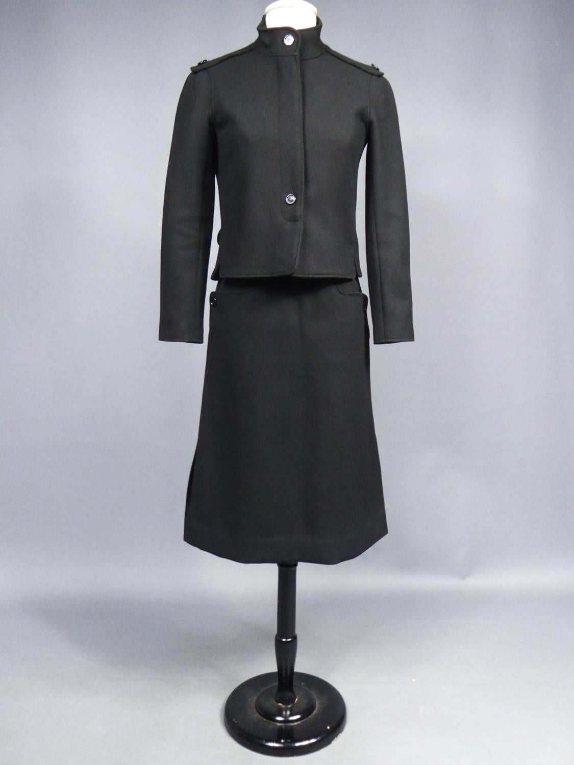 Women's André Courrèges Haute Couture Skirt Suit In Black Wool Circa 1968/1975  For Sale