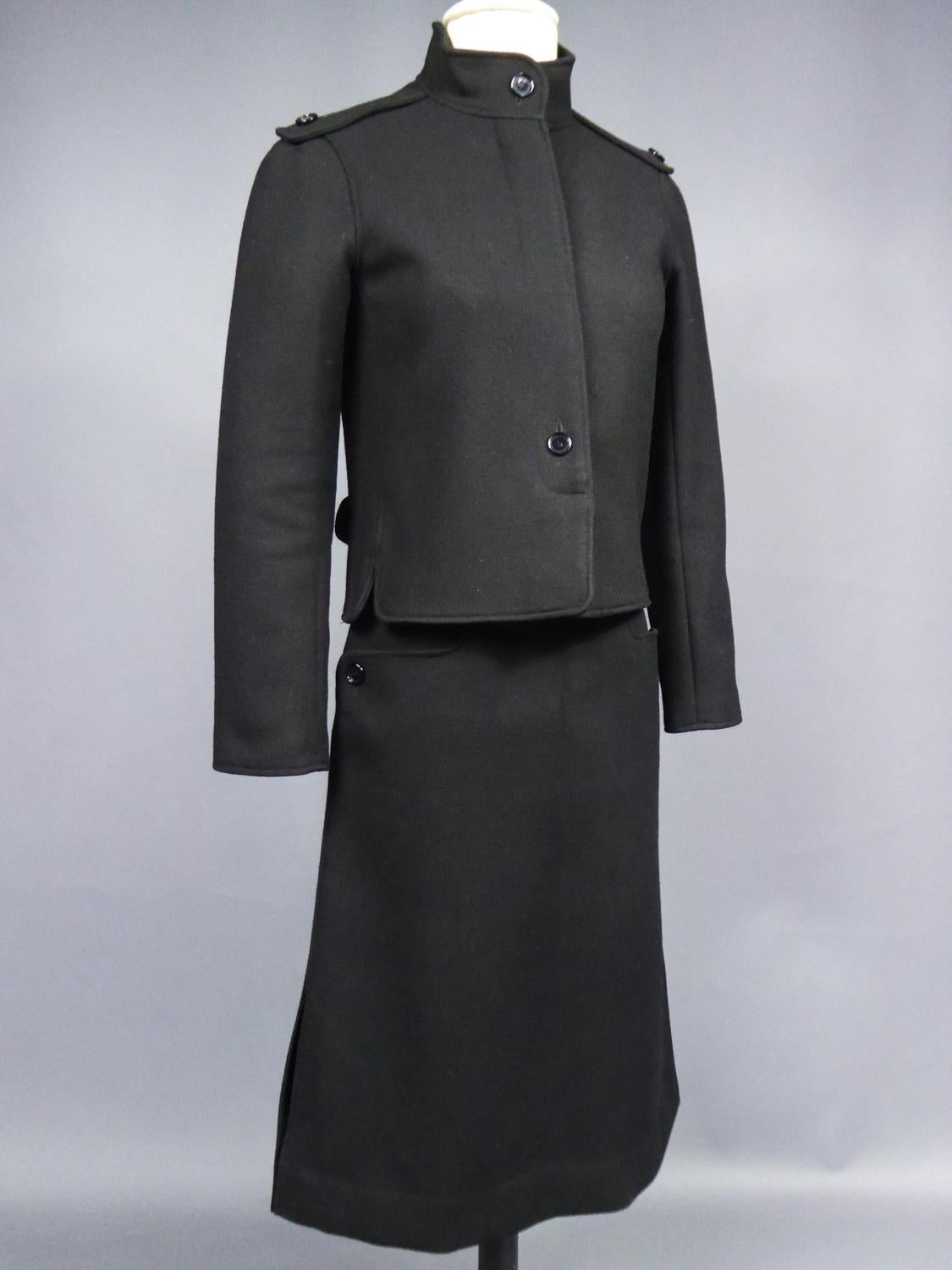 André Courrèges Haute Couture Skirt Suit In Black Wool Circa 1968/1975 For Sale 4