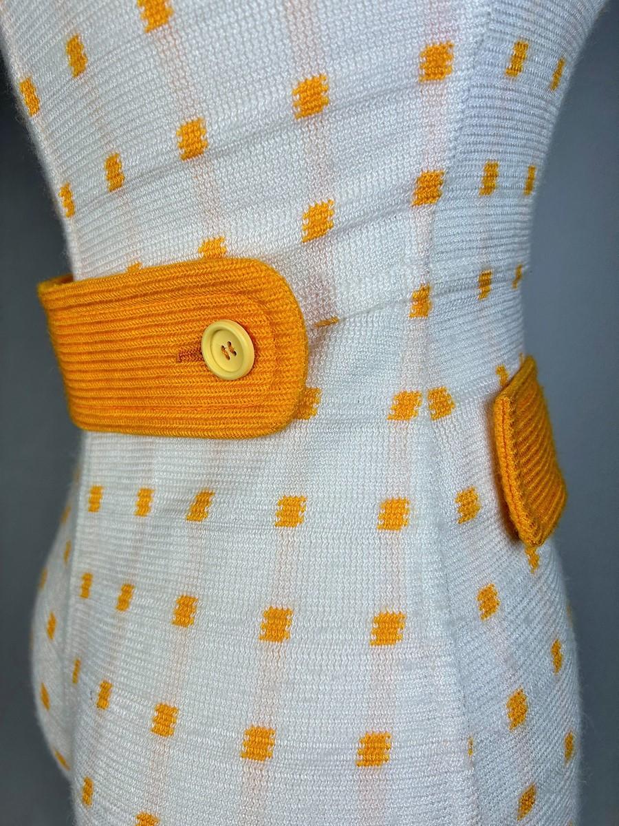 André Courrèges Hyperbole white and yellow wool knit jumpsuit France Circa 1970 For Sale 7
