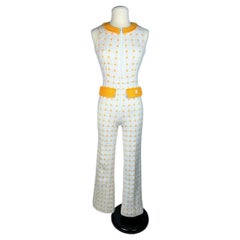 André Courrèges Hyperbole white and yellow wool knit jumpsuit France Circa 1970