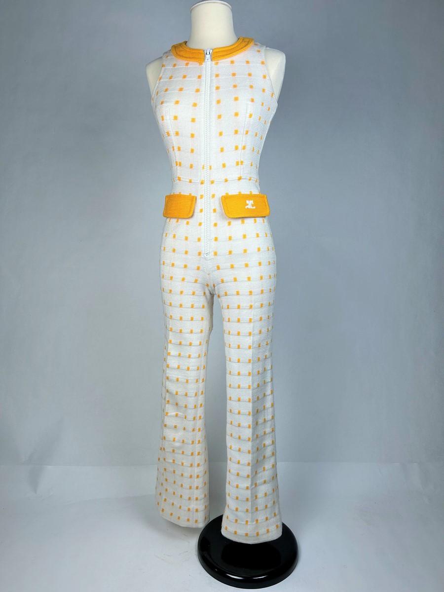 Women's André Courrèges Hyperbole white and yellow wool knit jumpsuit France Circa 1970 For Sale