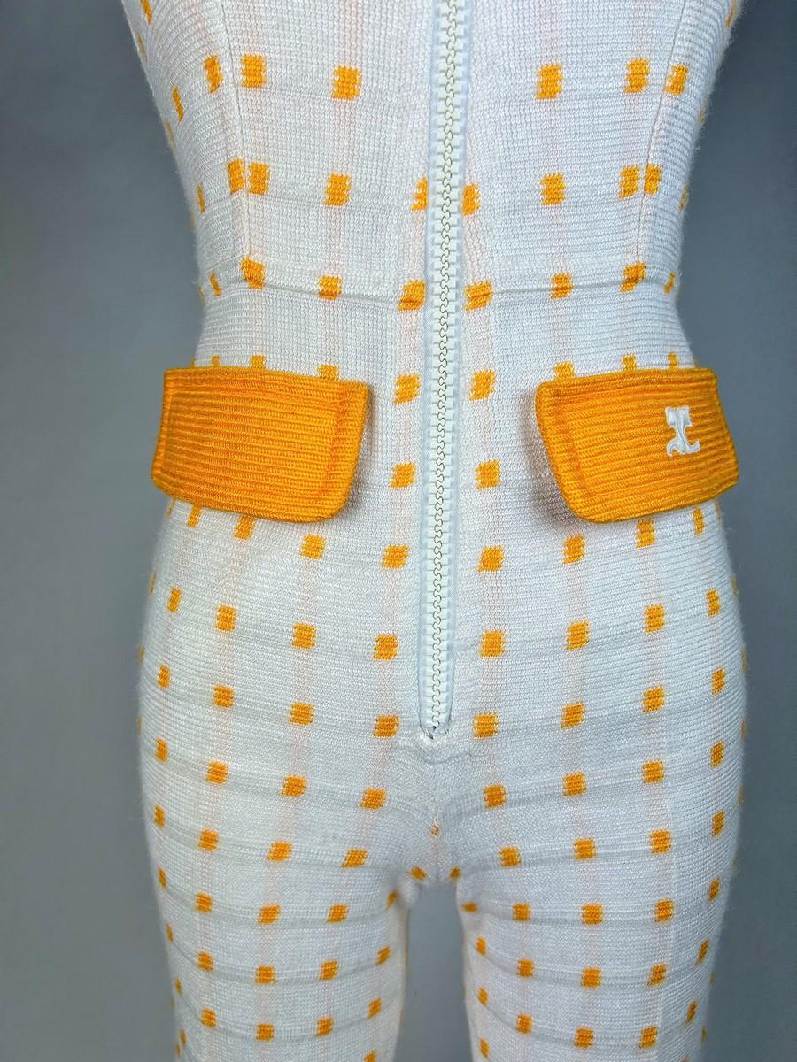 André Courrèges Hyperbole white and yellow wool knit jumpsuit France Circa 1970 For Sale 2