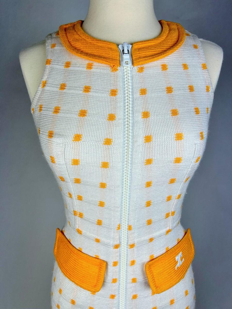 André Courrèges Hyperbole white and yellow wool knit jumpsuit France Circa 1970 For Sale 3