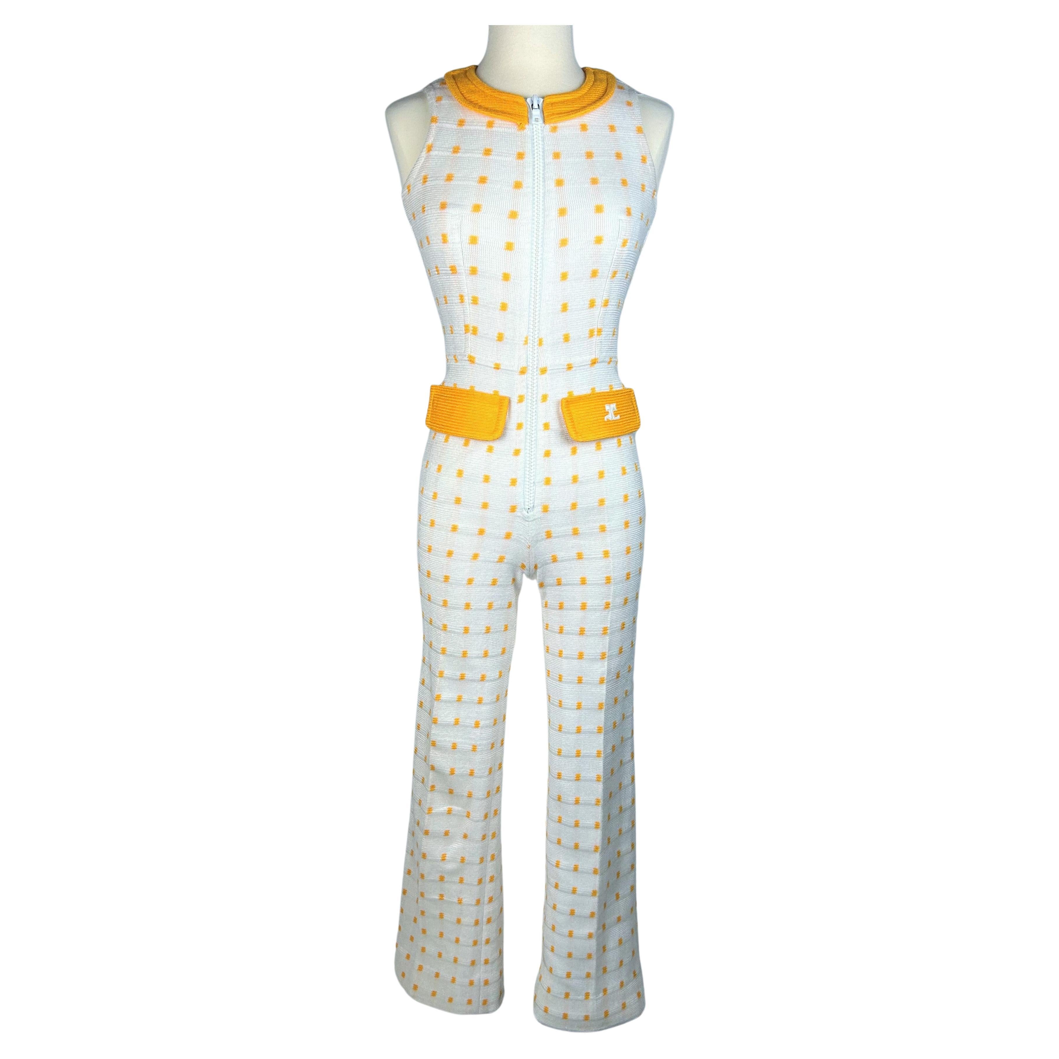 André Courrèges Hyperbole white and yellow wool knit jumpsuit France Circa 1970 For Sale