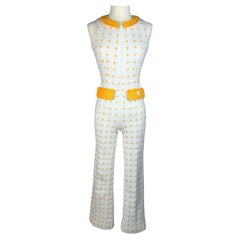 Vintage André Courrèges Hyperbole white and yellow wool knit jumpsuit France Circa 1970