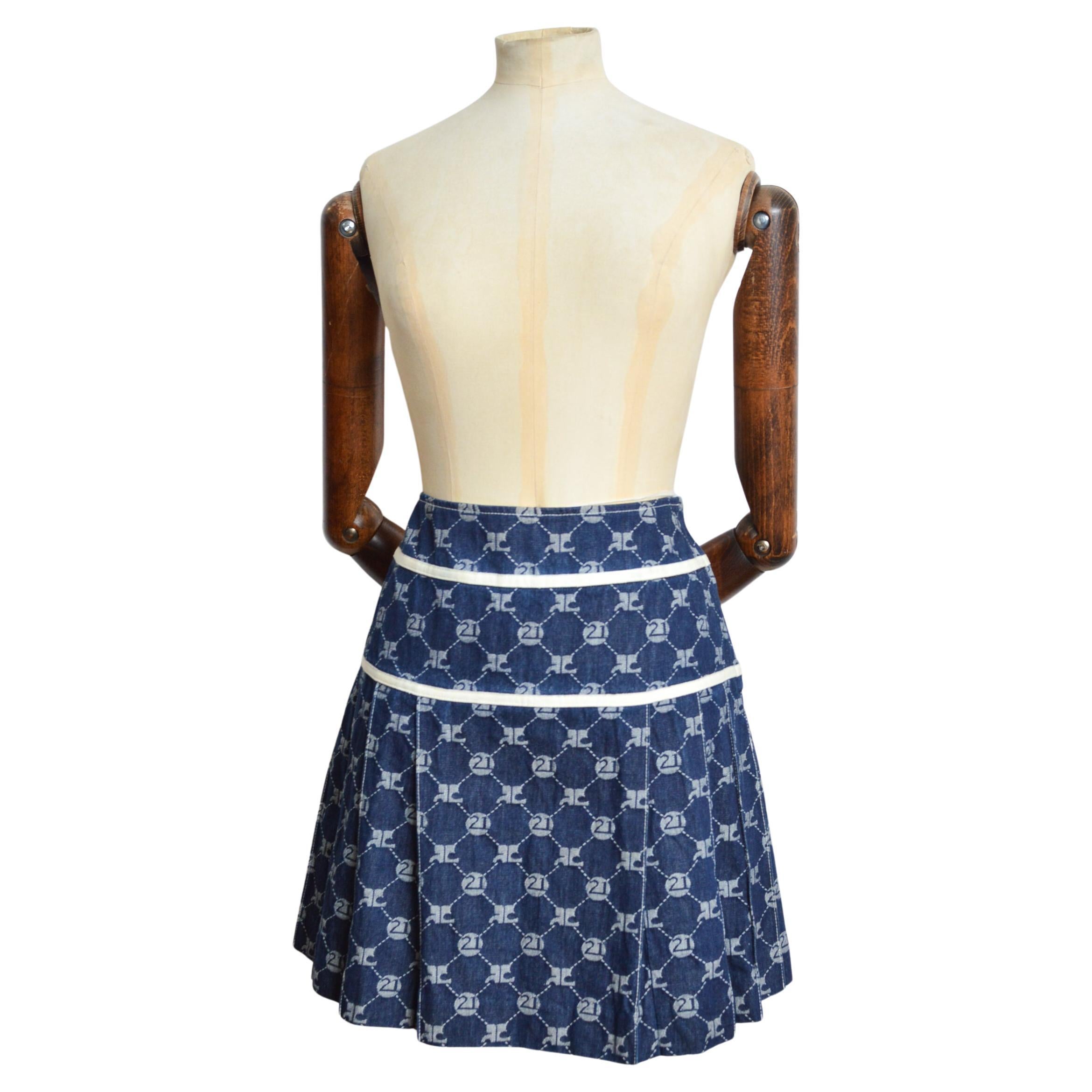 André Courrèges Jacquard Repeat Logo Denim Vintage pleated Mini Skirt For Sale