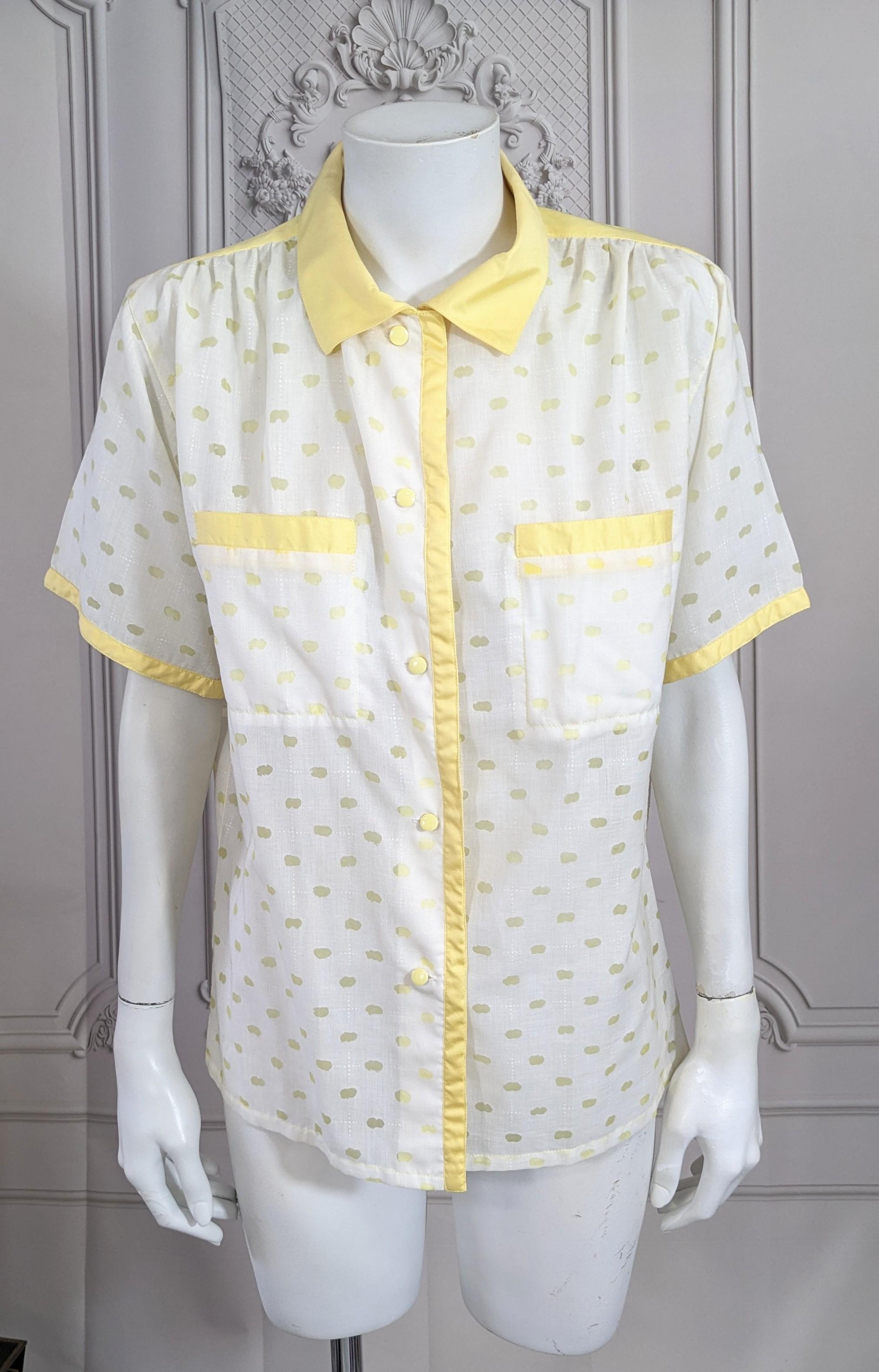 Andre Courreges Yellow Cloud Blouse from the 1980's with amazing voided textile. The yellow cloud motifs are sheer on the white ground and the blouse is trimmed in yellow cotton sateen. Small/Medium size. 1980's France. Courreges size 00. 
