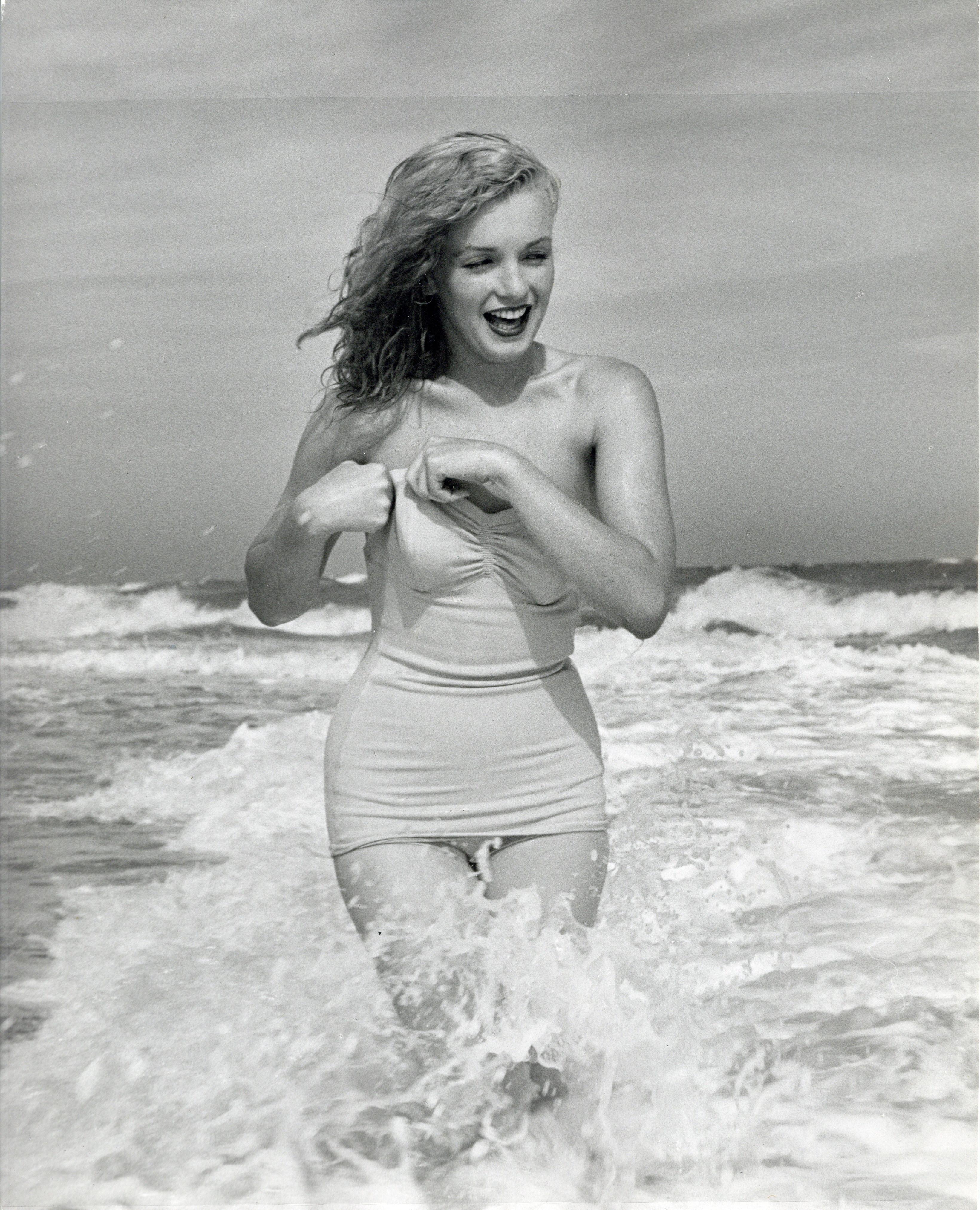 Andre de Dienes Black and White Photograph - Marilyn Monroe Laughing in the Ocean Vintage Original Photograph
