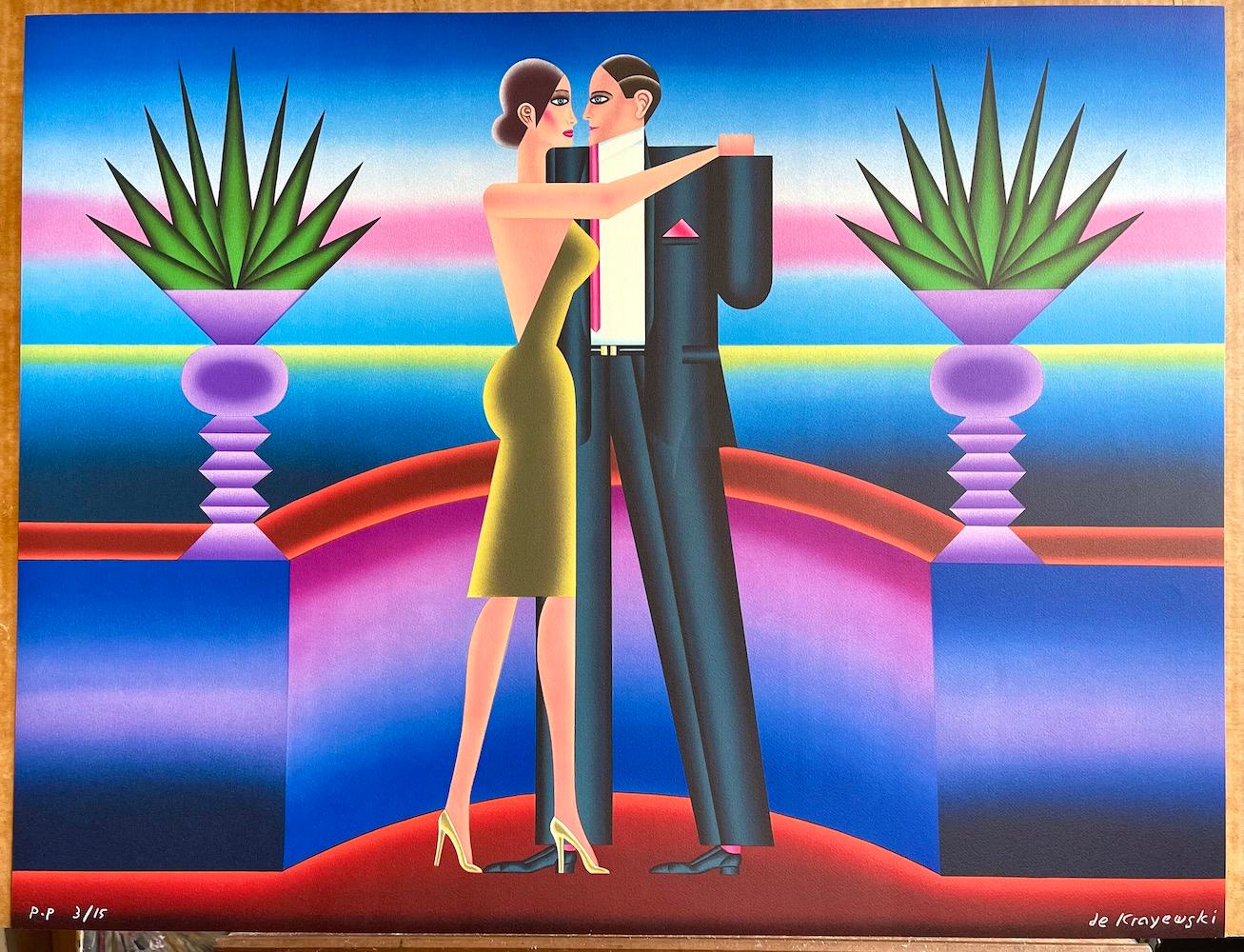 THE DANCE Litografia firmata, Coppia di ballerini, Arte moderna Deco, Artista polacco in vendita 4