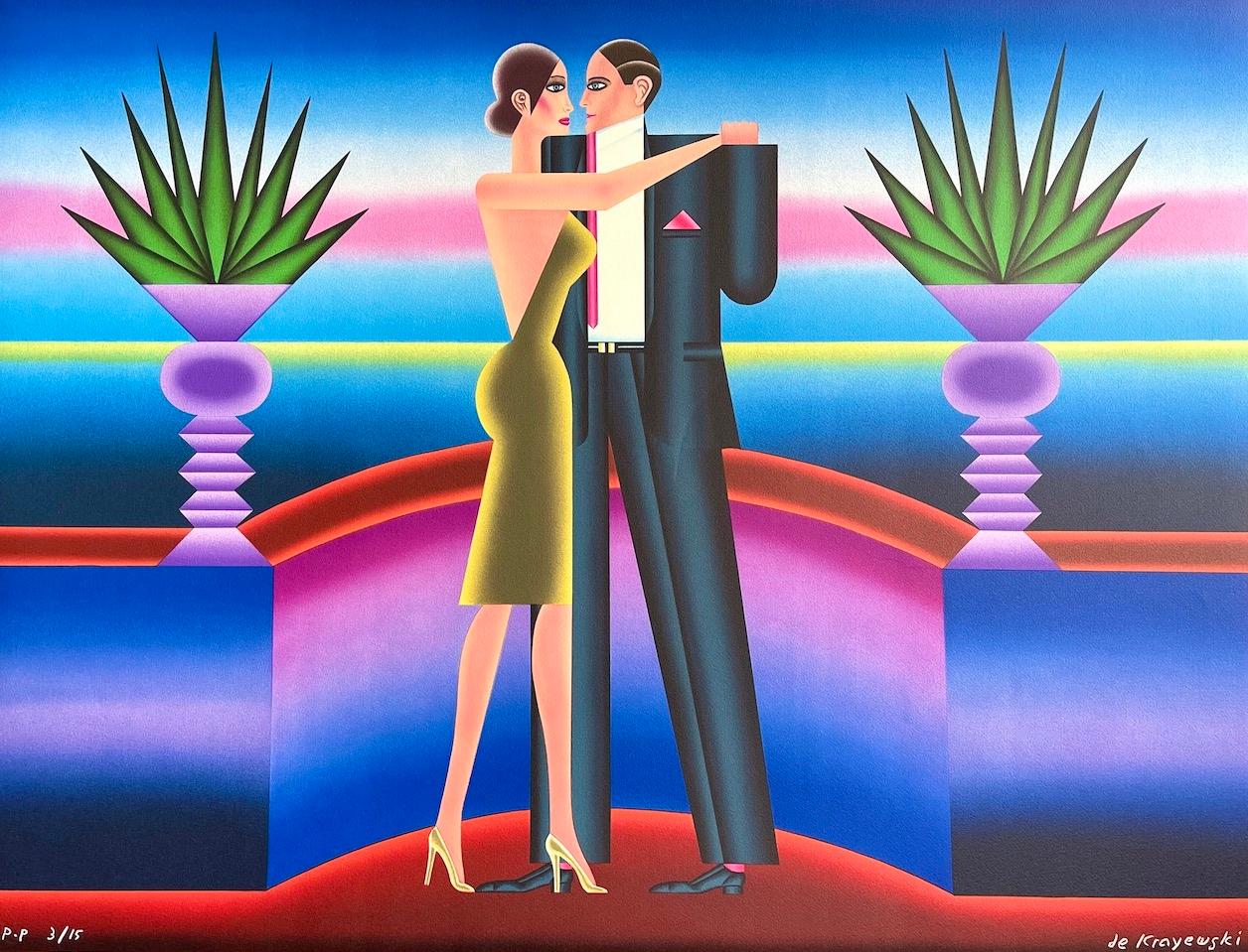 THE DANCE Signed Lithograph, Dancing Couple, Art Deco Interior, Polish Artist