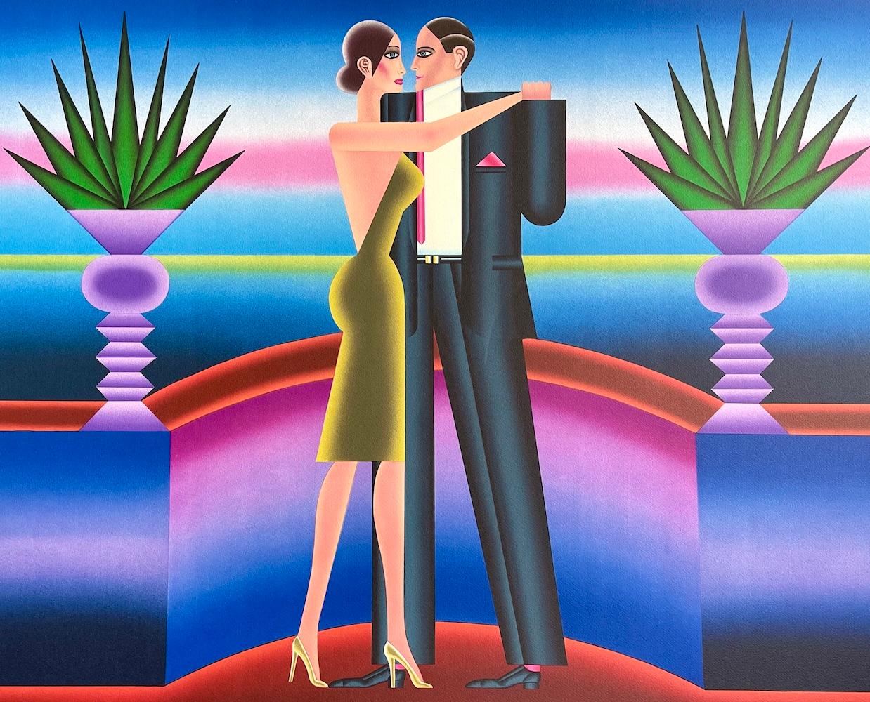 THE DANCE Litografia firmata, Coppia di ballerini, Arte moderna Deco, Artista polacco - Print di Andre de Krayewski