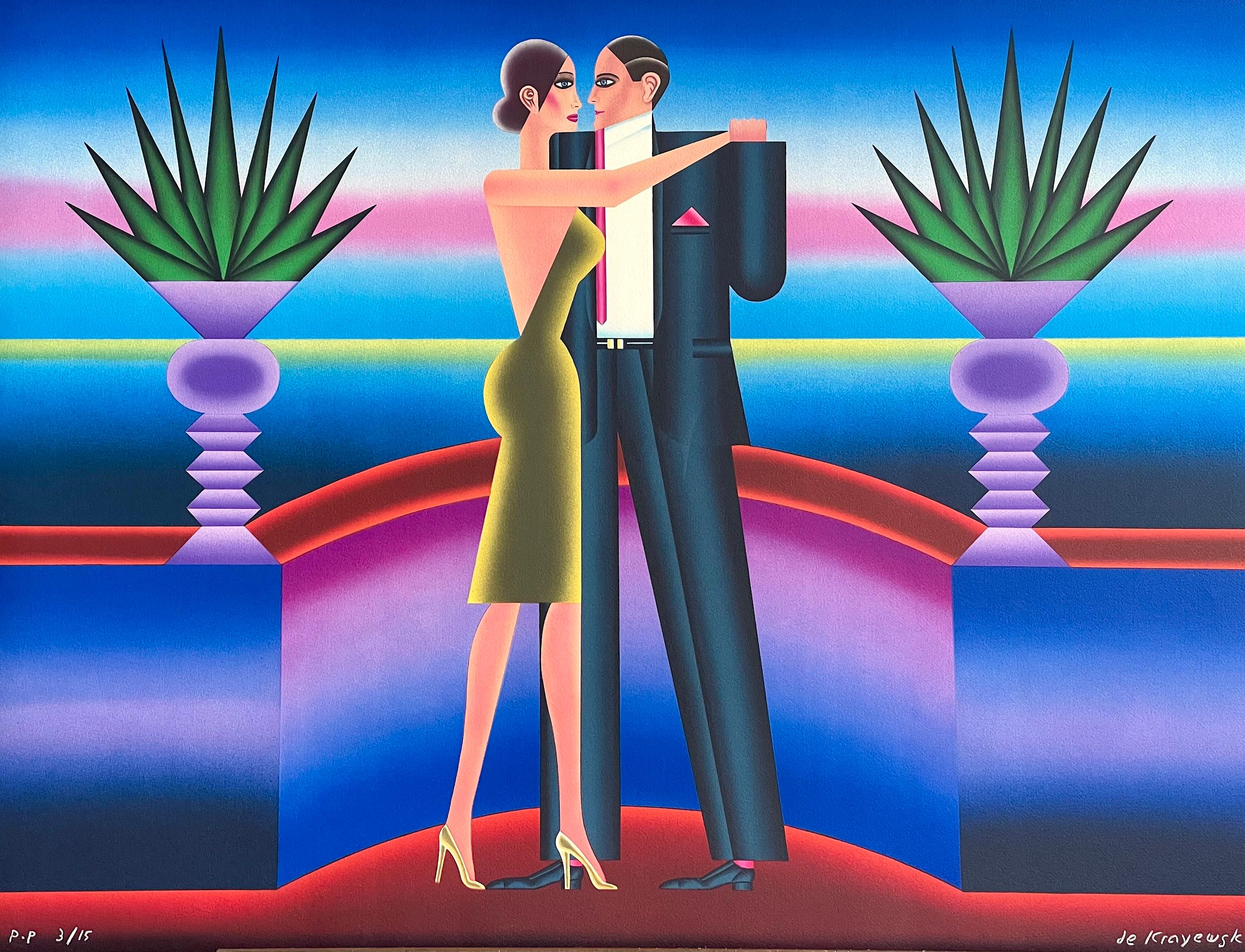 Andre de Krayewski Interior Print - THE DANCE Signed Lithograph, Dancing Couple, Modern Art Deco, Polish Artist