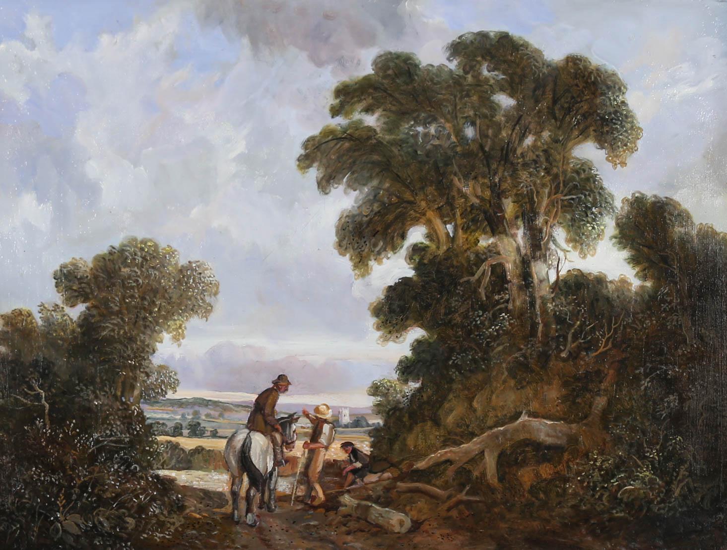 A classical landscape study depicting three figures on a country path. A gentleman on horseback asks two labourers for directions and a small church can be seen in the distance. Painted in a 19th century style with great attention given to the