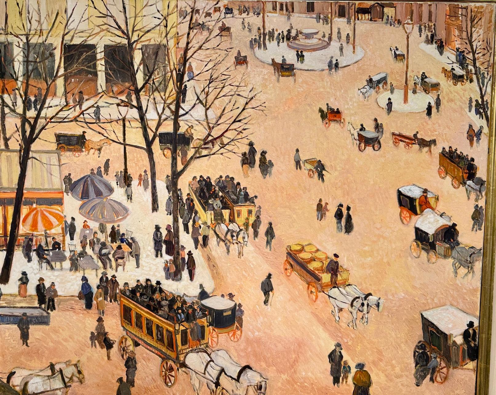 Impressionist City scene with figures, horses coaches possibly Paris - Painting by Andre de Moller