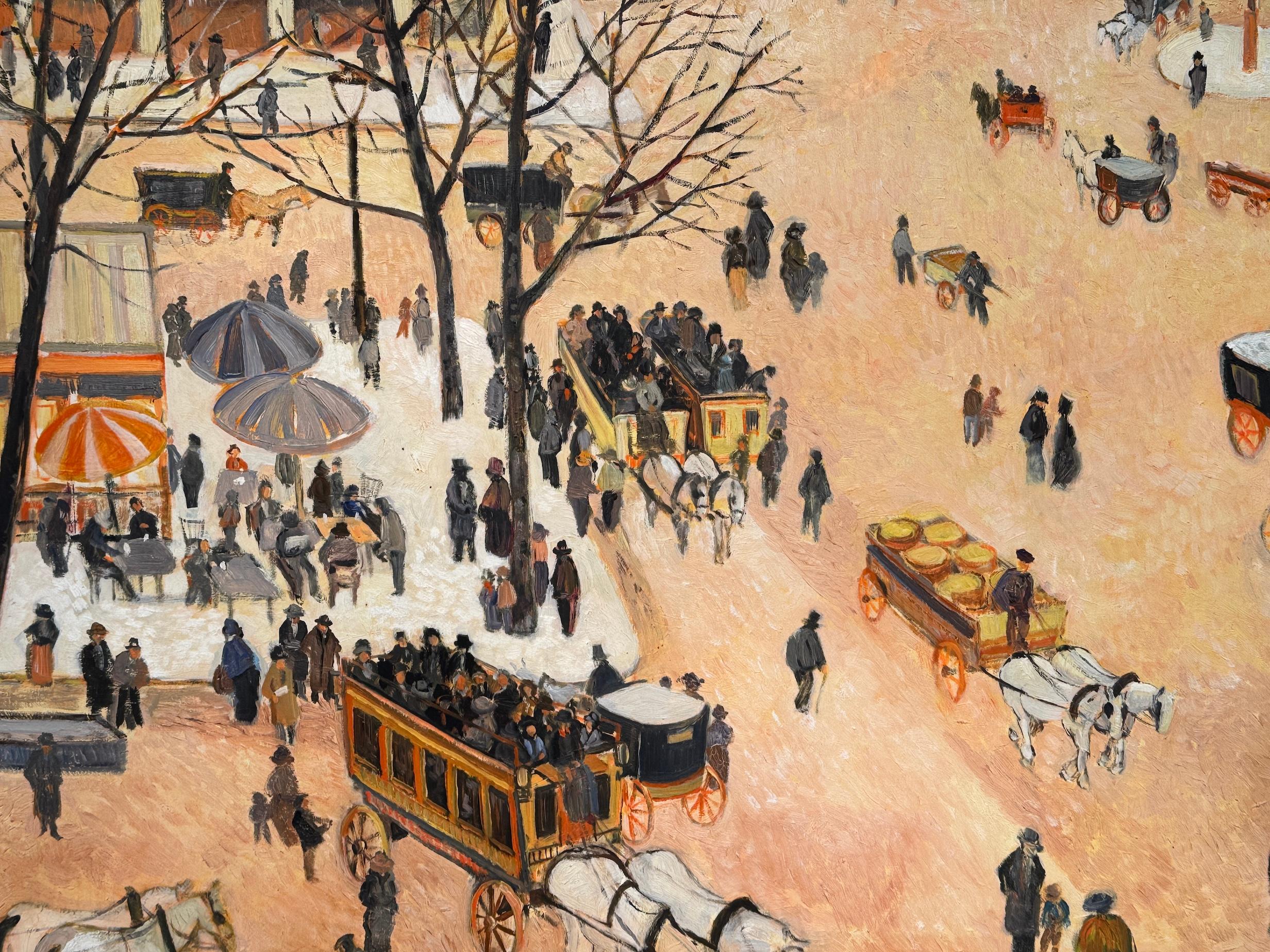 Impressionist City scene with figures, horses coaches possibly Paris - Brown Landscape Painting by Andre de Moller