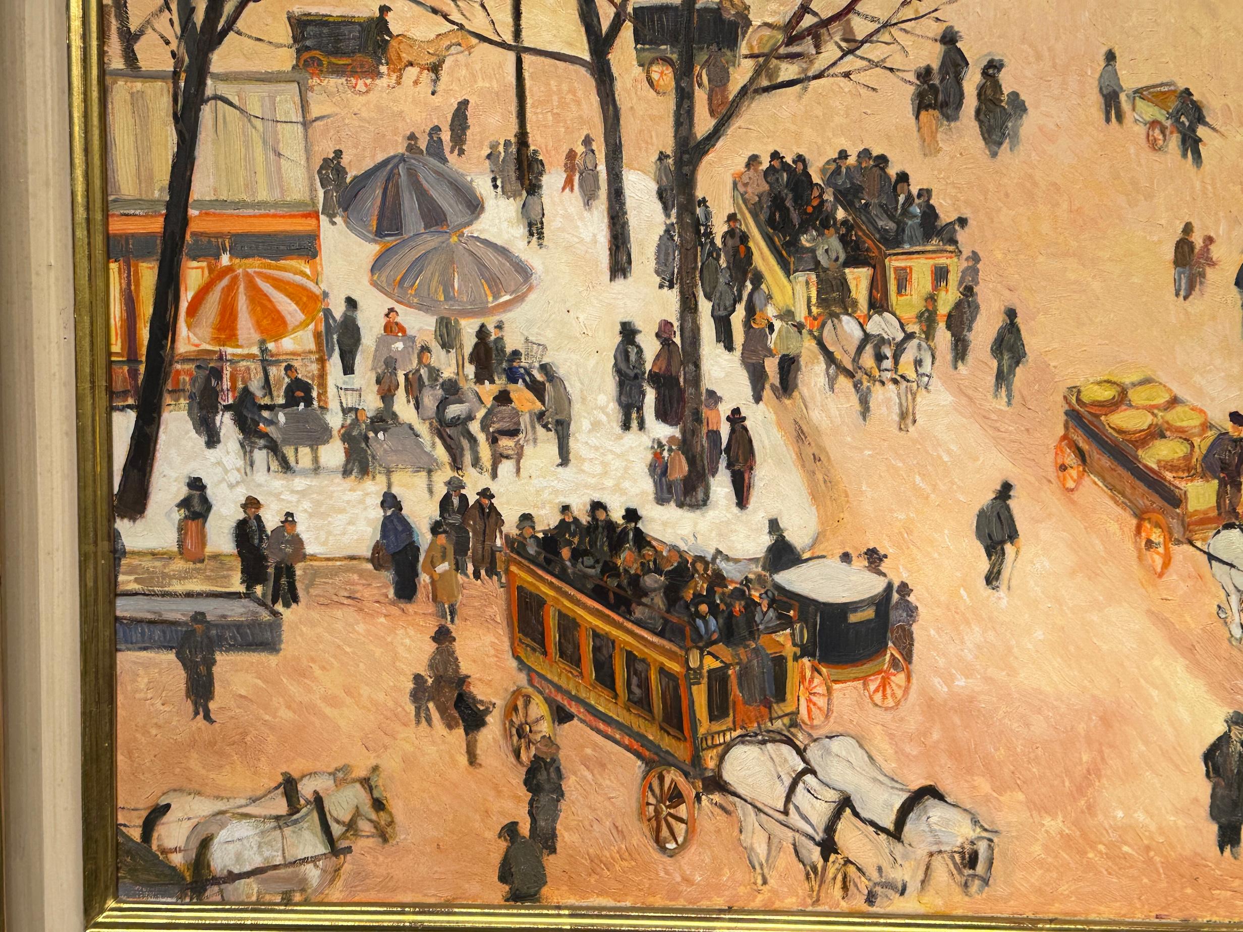 André de Moller (French, 20th Century)
City Scene with Carriages, circa 1980
Oil on canvas, signed on the reverse

This lively and intricately composed urban scene by André de Moller evokes the elegance and rhythm of late 19th-century Parisian life,