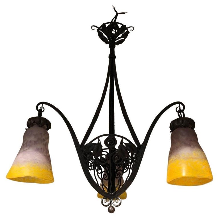 Andr Delatte Art Deco Wrought Iron Chandelier Three Tulips In Glass