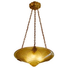 André Delatte French Art Deco Amber Butterfly Pendant Chandelier, Late 1920s