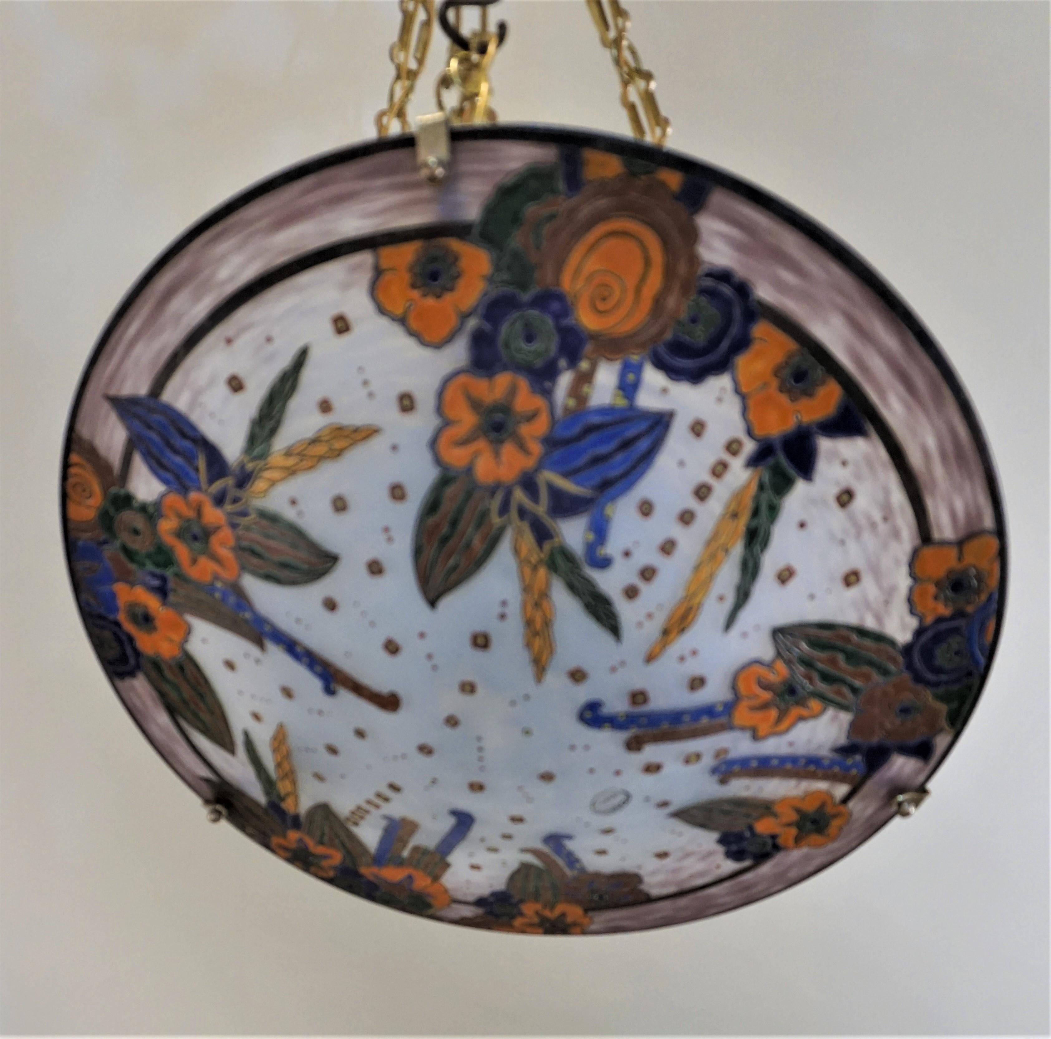 Andre Delatte Nancy 1920s Art Deco Chandelier en verre émaillé 1
