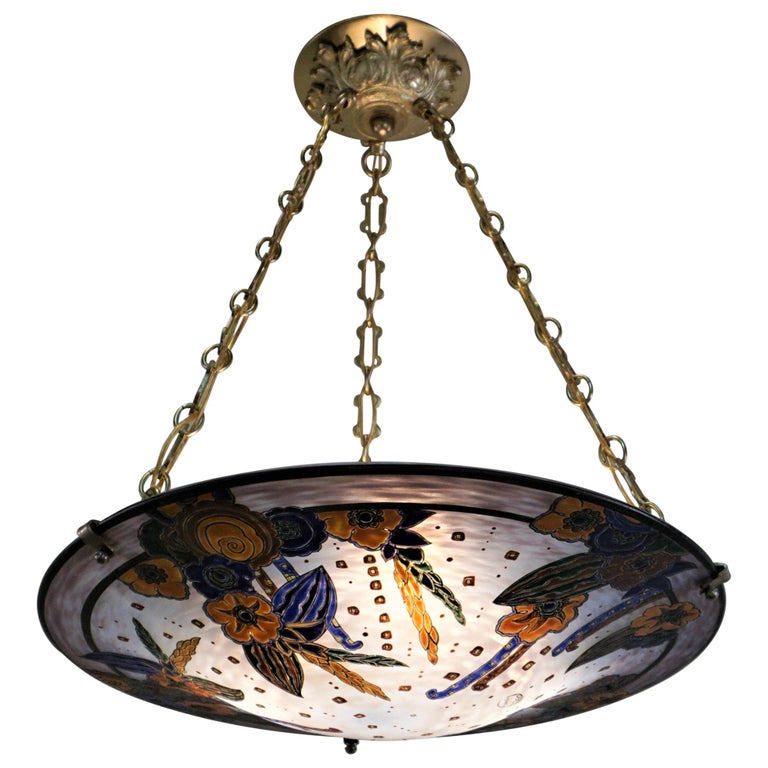 Andre Delatte Nancy 1920s Art Deco Enameled Glass Chandelier