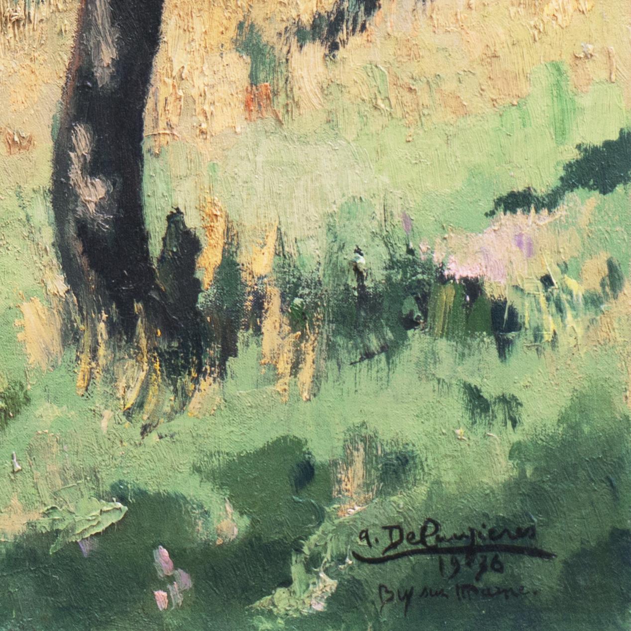 Signed lower right, 'A. Delauzieres' for André Delauzieres (French, 1904-1941), dated 1936 and titled 'Bry-Sur-Marne'. 
Provenance: Collection of Ole Wulff, Denmark. 

A substantial, Impressionist-style oil landscape showing a panoramic view of the
