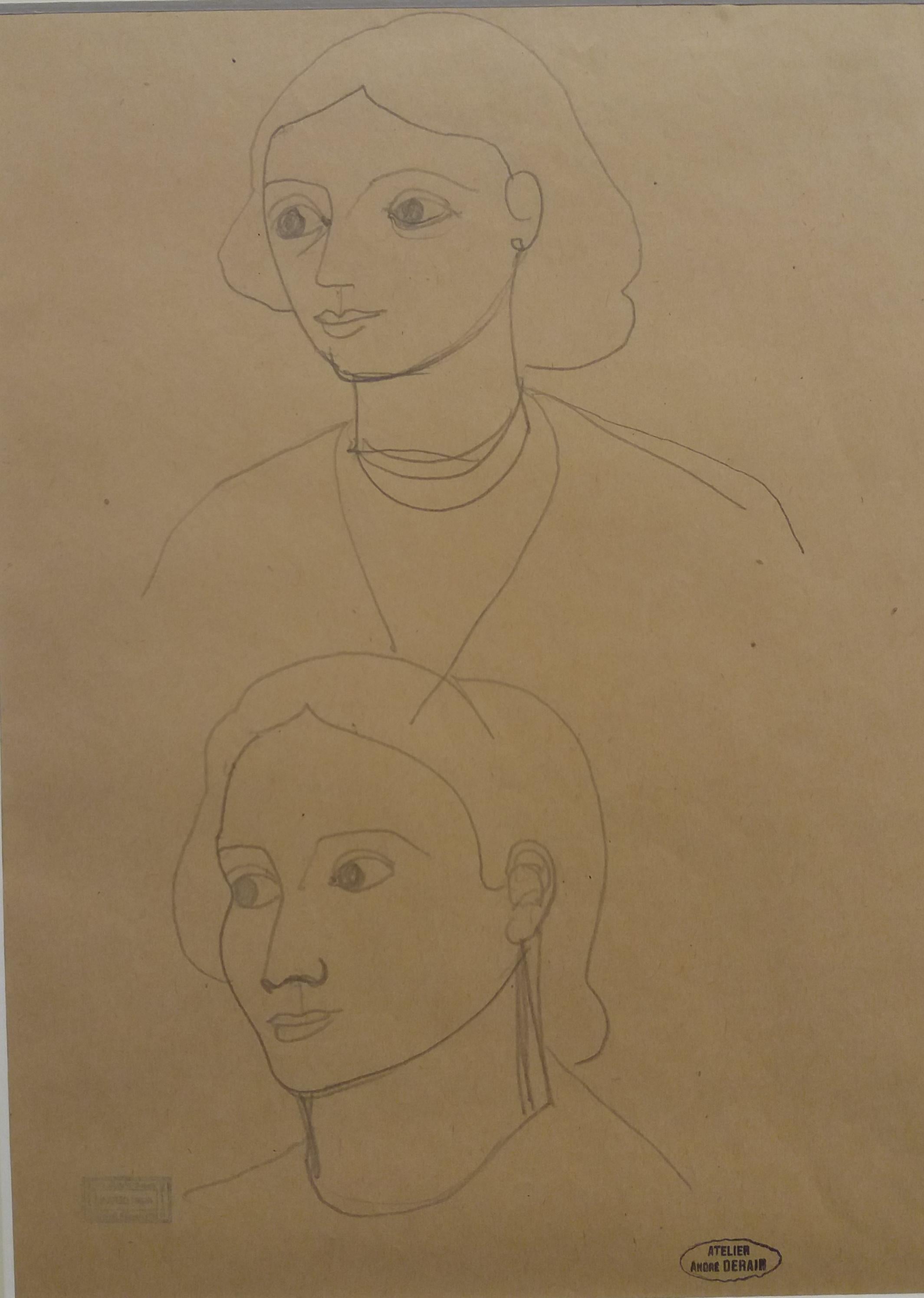 Andre Derain 94 Sketch of Faces, dessin original au crayon - Fauvisme Painting par André Derain