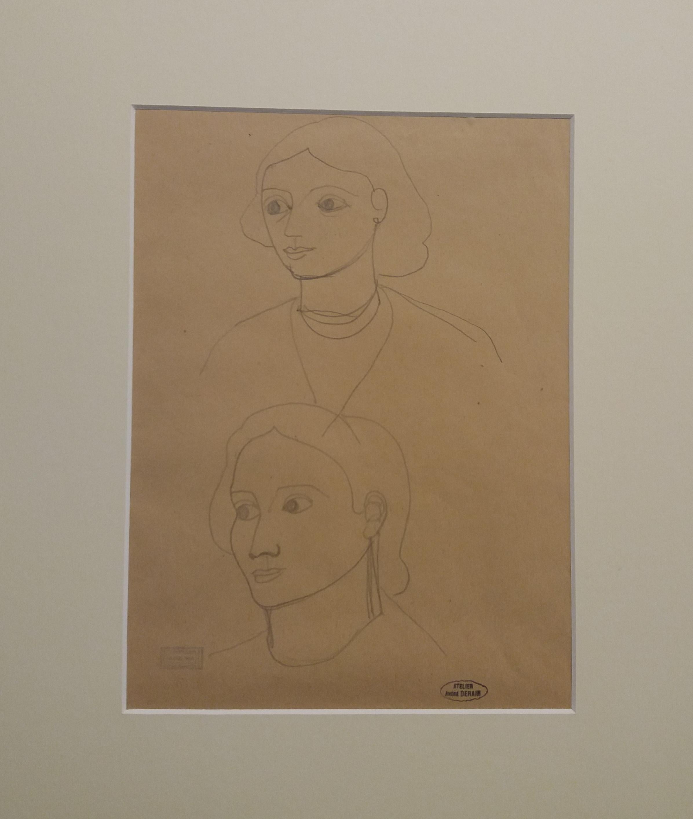 Andre Derain 94 Sketch of Faces, dessin original au crayon en vente 2