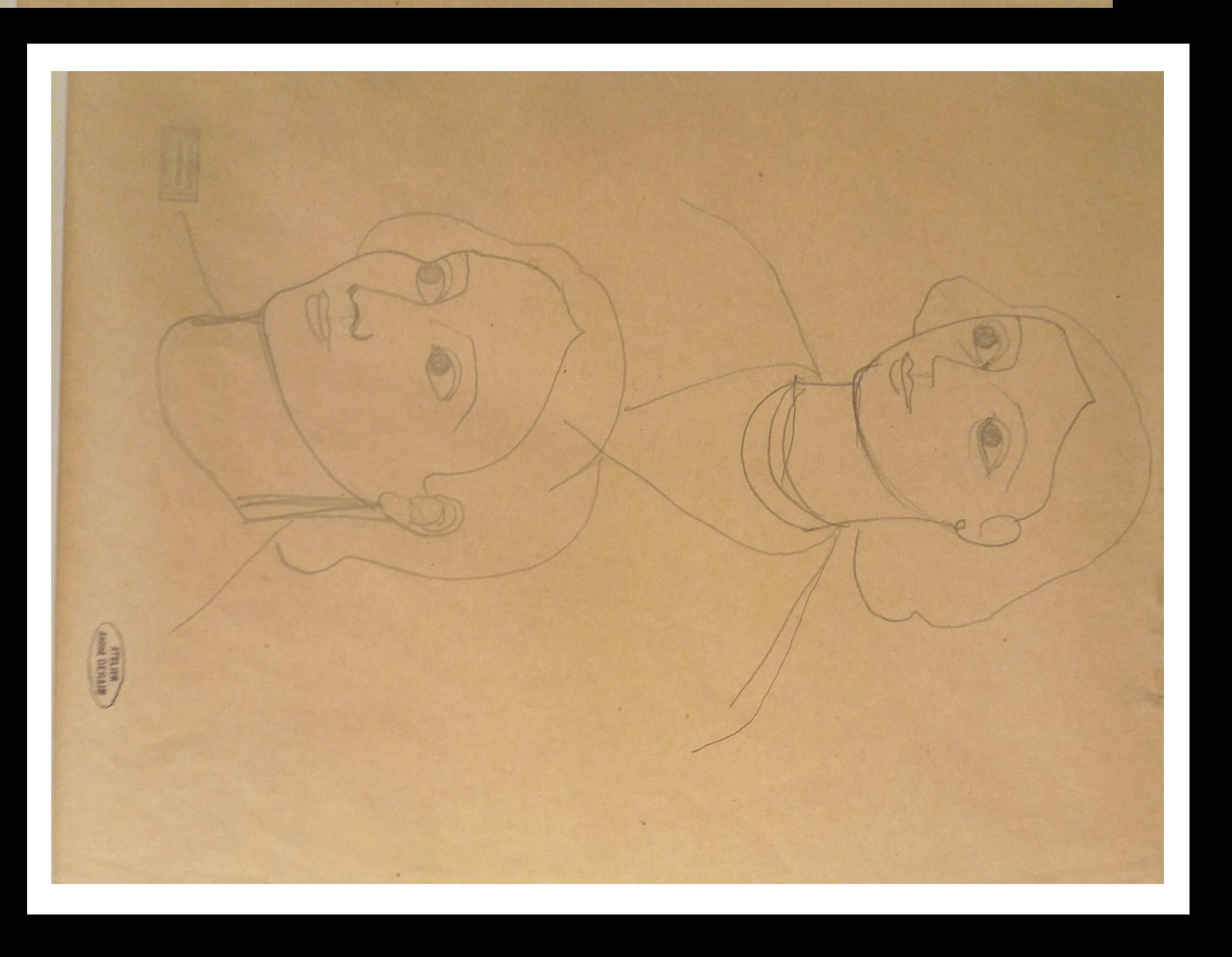 Andre Derain 94 Sketch of Faces. original pencil drawing painting - Painting by André Derain