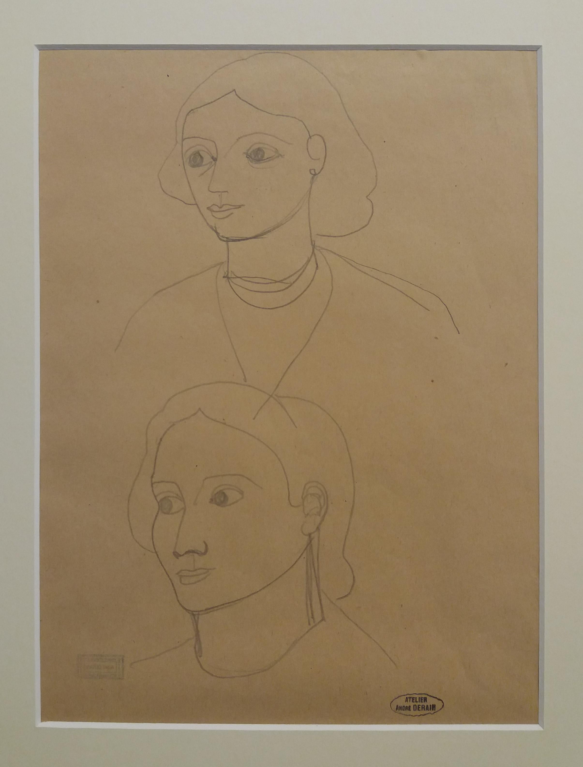 Andre Derain 94 Sketch of Faces, dessin original au crayon - Painting de André Derain