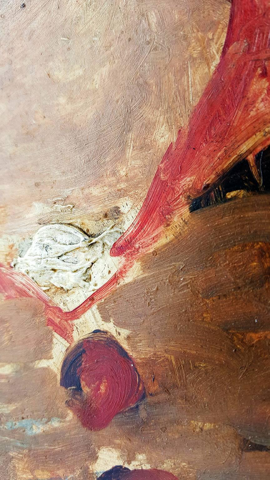 Un ritratto affascinante e sensibile di un giovane  La ragazza francese viene catturata con pennellate larghe e veloci. La texture della superficie è composta da tratti di impasto e incisione sulla superficie della tavola di legno che creano una