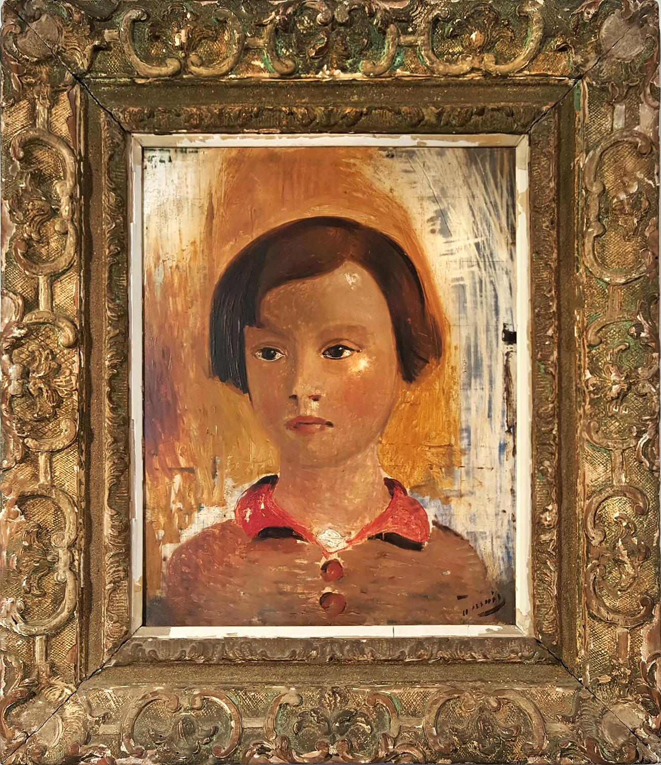 A charming and sensitive portrait of a young  French girl is captured with quick action broad brush strokes. The surface texture simultaneously is composed of impasto and incised strokes into the surface of the wooden board creating a dimensional