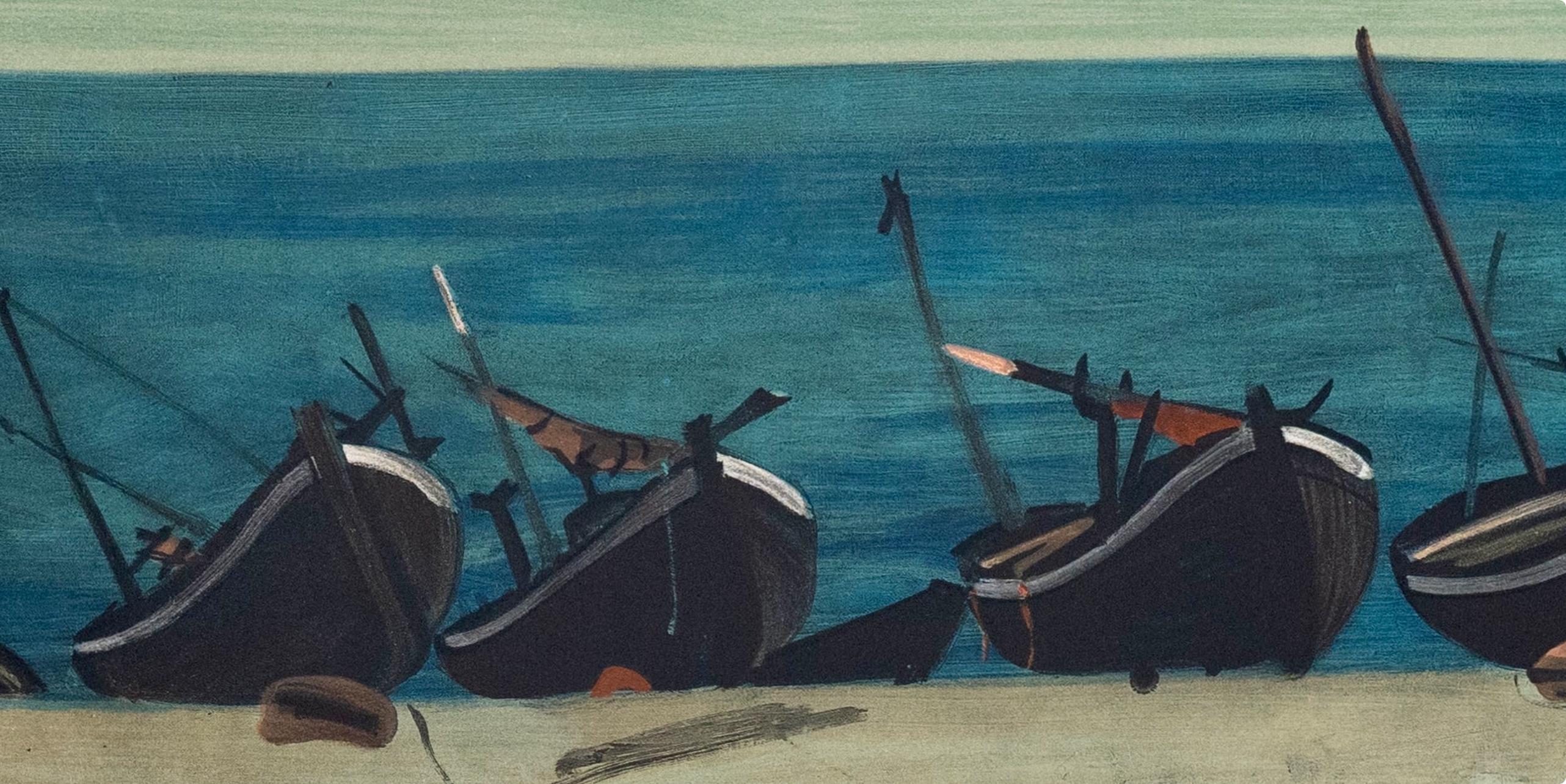 Cette exquise lithographie d'après Andre Derain (1880-1954), intitulée Barques a Graveline, tirée de l'in-folio Andre Derain entre 1935 et 1949, V, 1970, provient de l'édition publiée par Fernand Mourlot, Paris, et imprimée par Mourlot Frères,