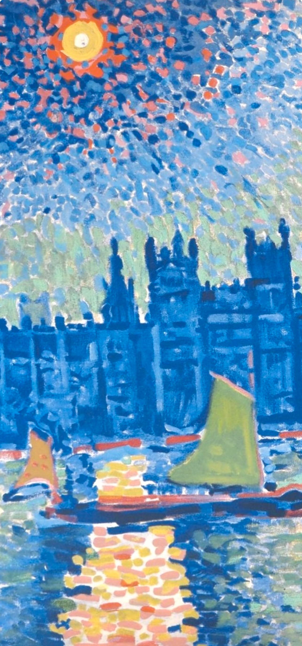 Andre Derain, Londres, la Tamise et Big Ben, extrait de Fauves, VII, 1972 (d'après) - Bleu Landscape Print par André Derain