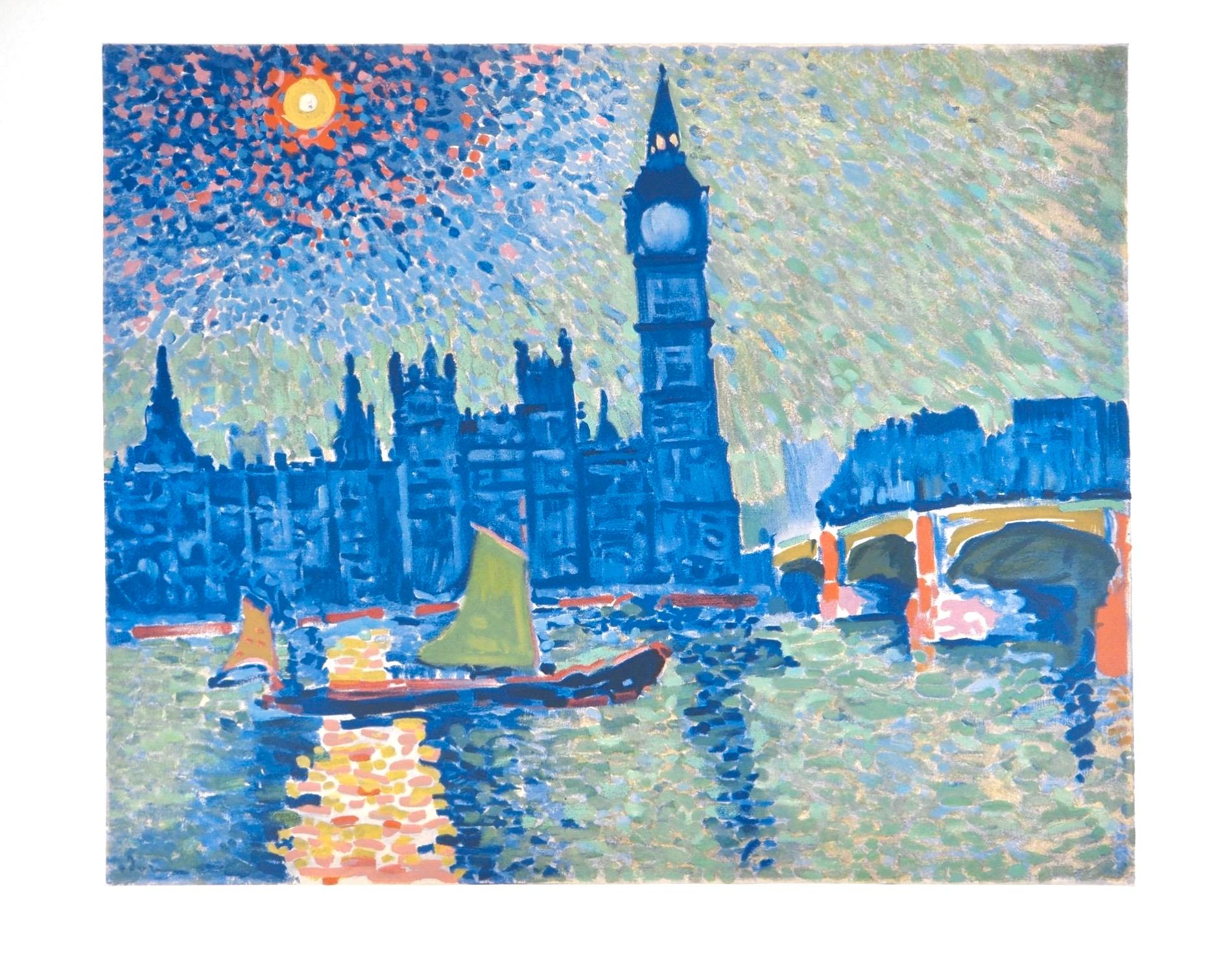 Cette exquise lithographie d'Andre Derain (1880-1954), intitulée Londres, La Tamise et Big Ben, tirée de l'in-folio Fauves, VII, Collection Pierre Levy, 1972, provient de l'édition publiée par Fernand Mourlot, Paris, et imprimée par Mourlot Frères,