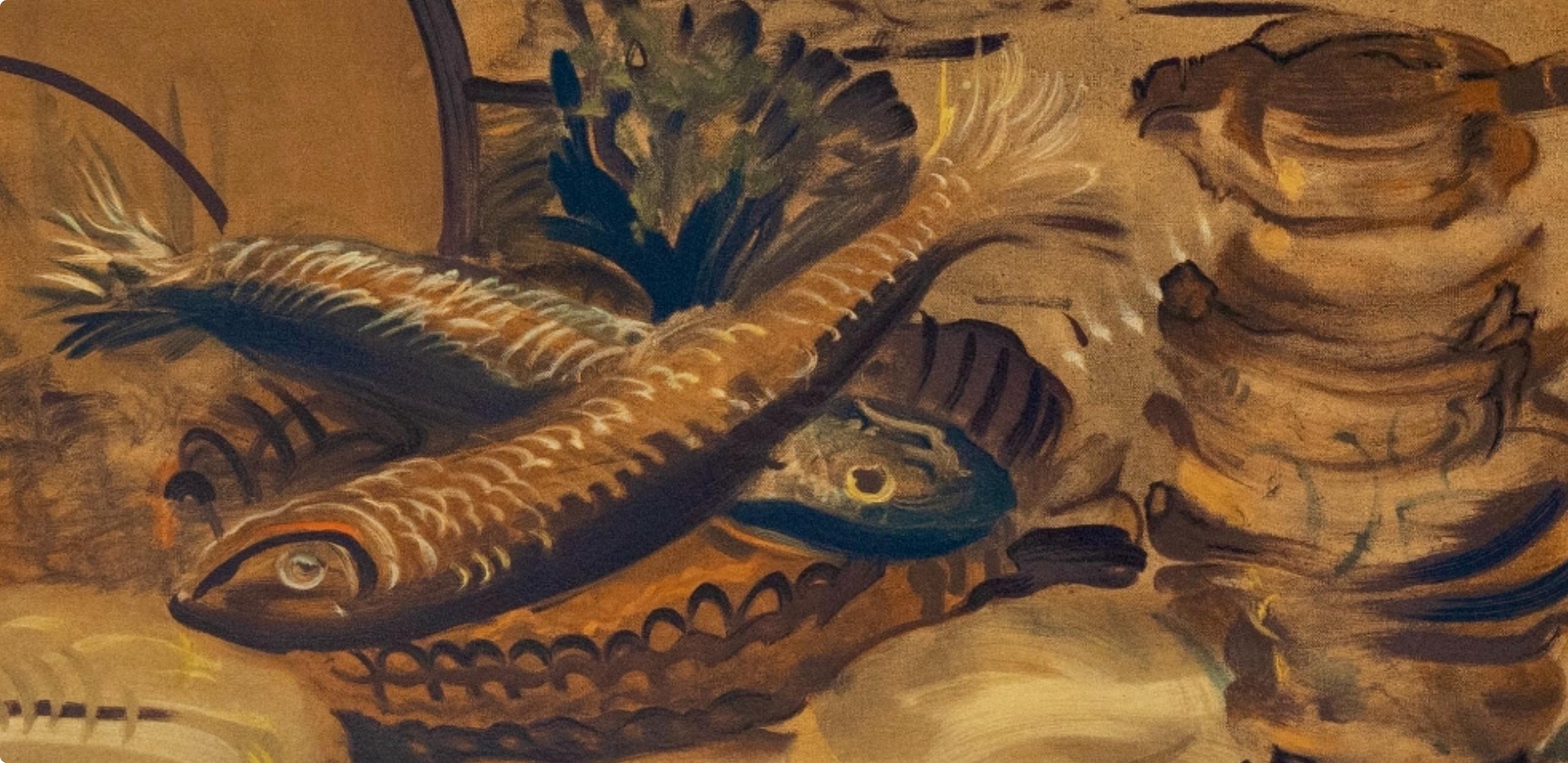 Cette exquise lithographie d'après Andre Derain (1880-1954), intitulée Nature morte aux Poissons, tirée de l'in-folio Andre Derain entre 1935 et 1949, V, 1970, provient de l'édition publiée par Fernand Mourlot, Paris, et imprimée par Mourlot Frères,