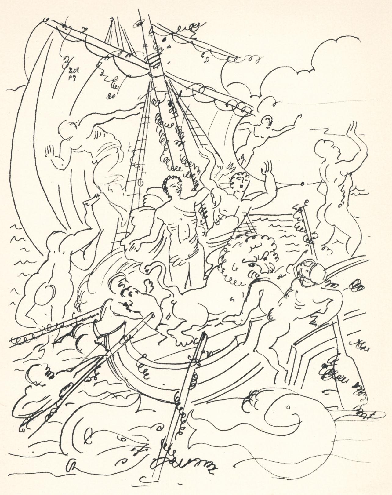 André Derain Figurative Print - Derain, Enlevement de Dionysos, Vins, Fleurs et Flammes (after)