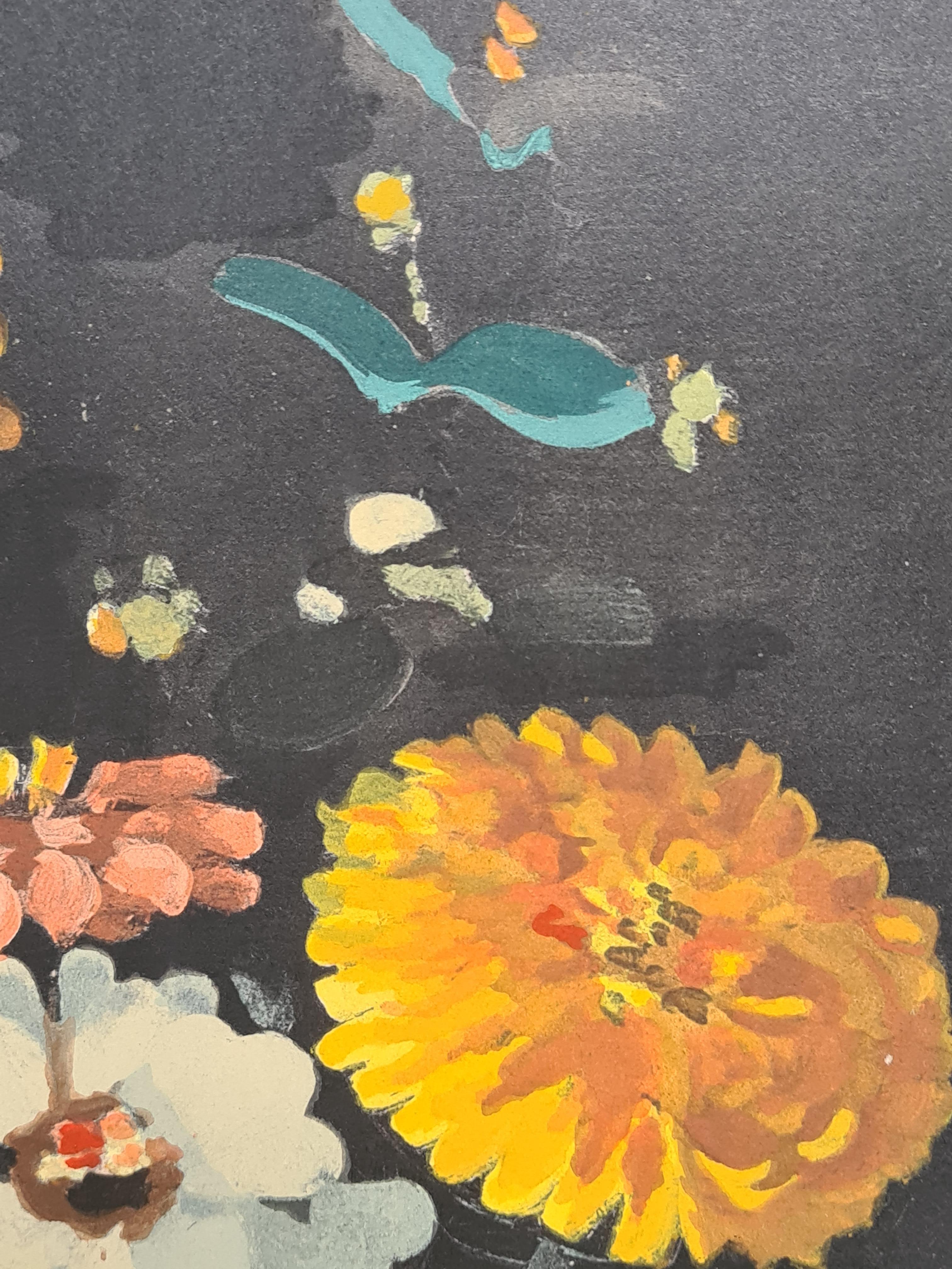 French Pochoir, Still life with flowers, Bouquet of Zinnias of 1946 im Angebot 6