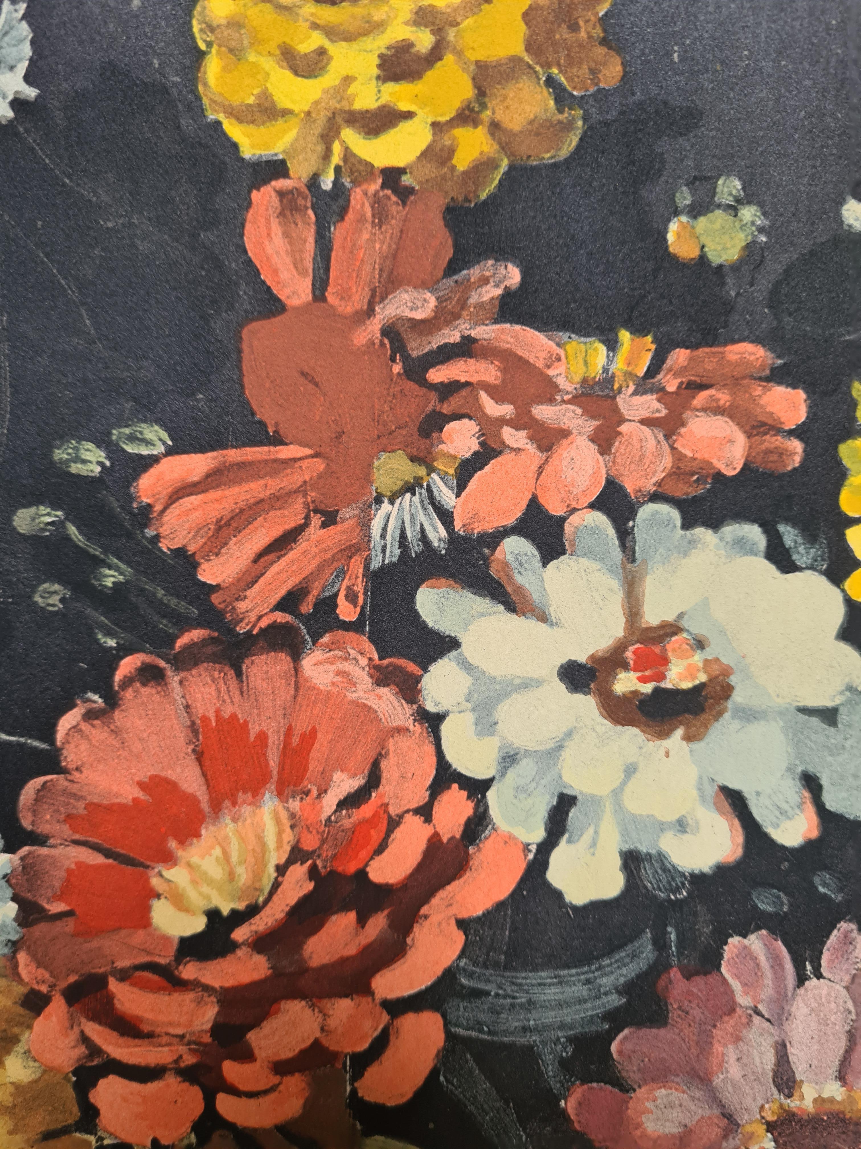 French Pochoir, Still life with flowers, Bouquet of Zinnias of 1946 (Braun), Still-Life Print, von André Derain