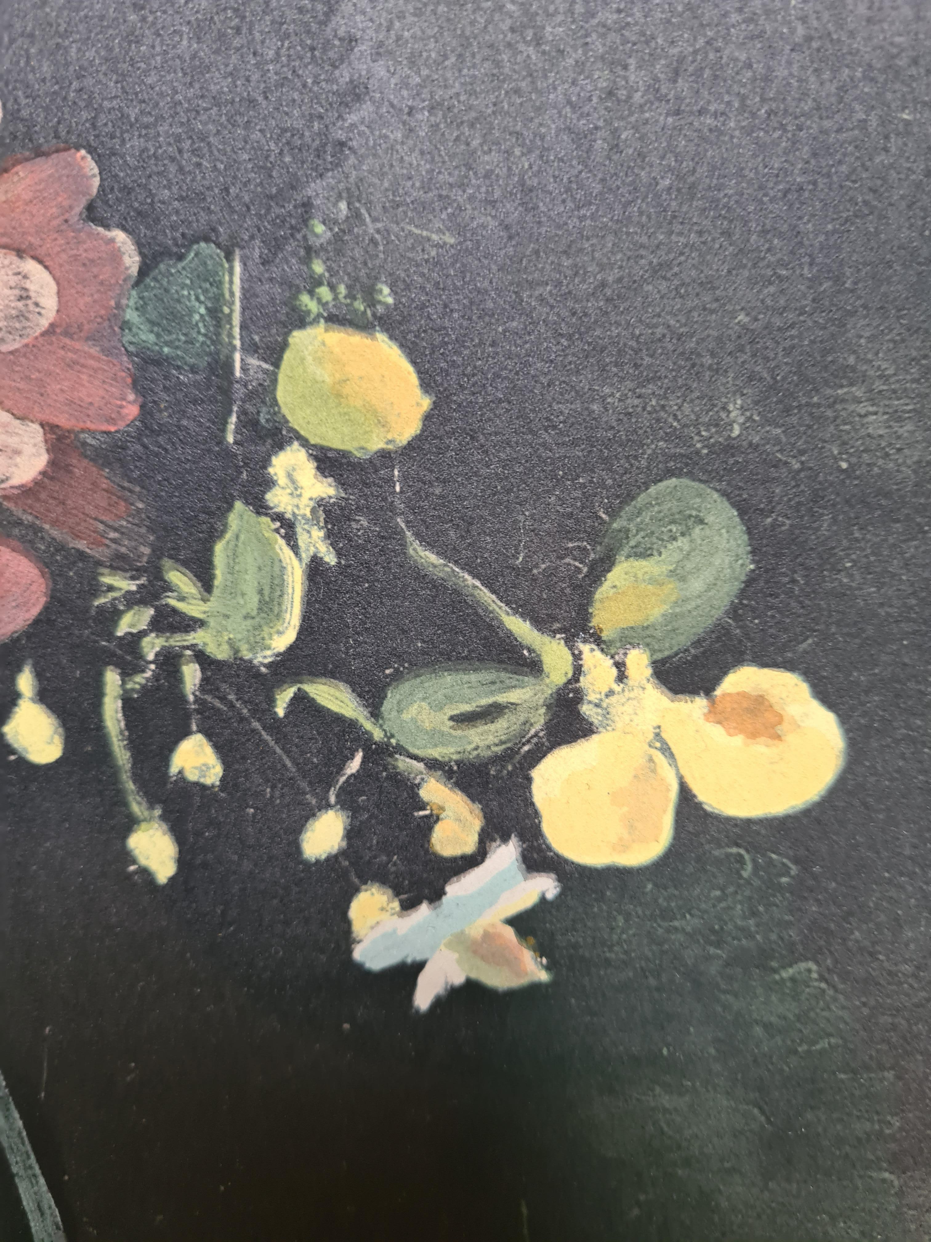 French Pochoir, Still life with flowers, Bouquet of Zinnias of 1946 im Angebot 1