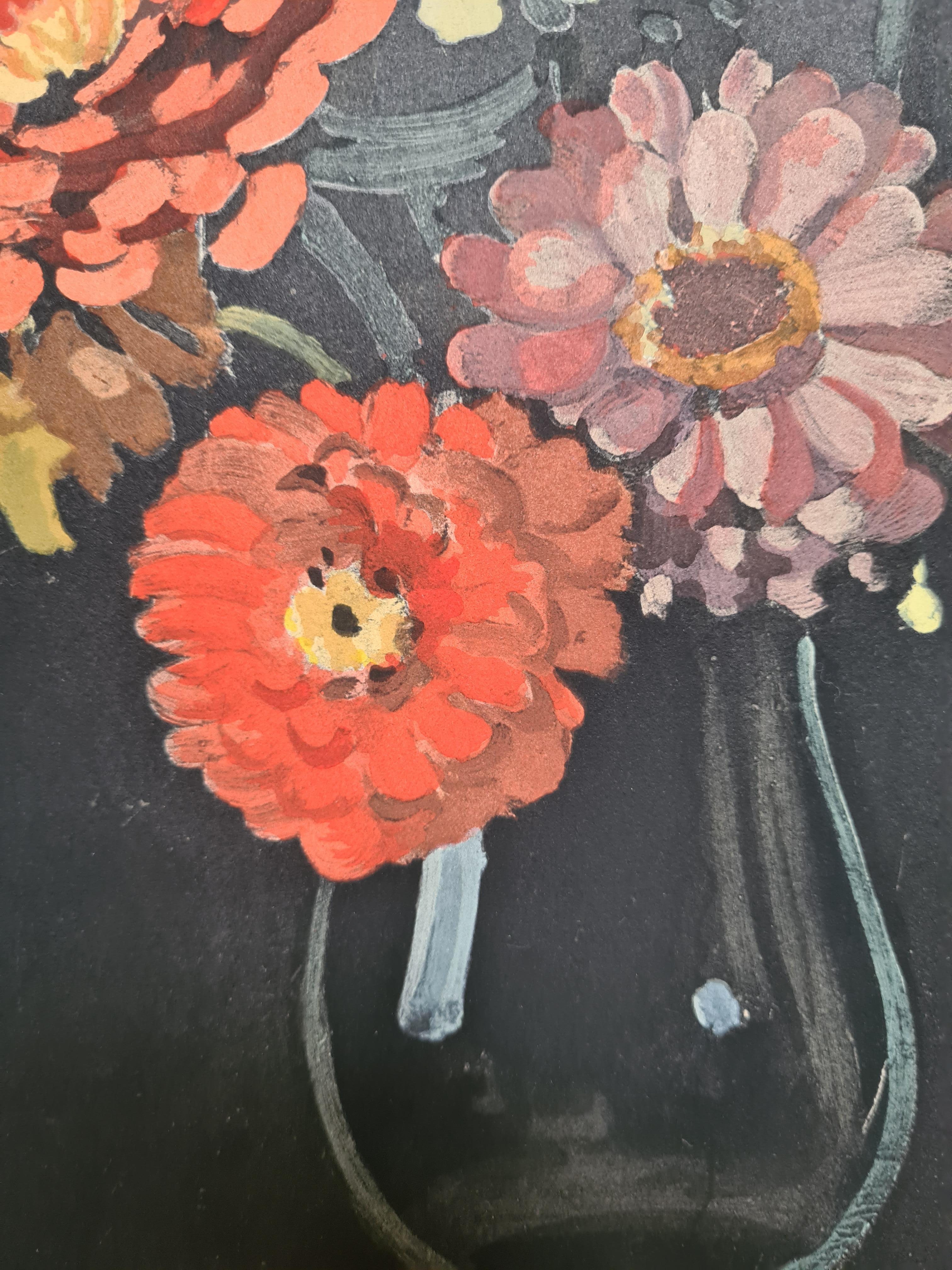 French Pochoir, Still life with flowers, Bouquet of Zinnias of 1946 im Angebot 2