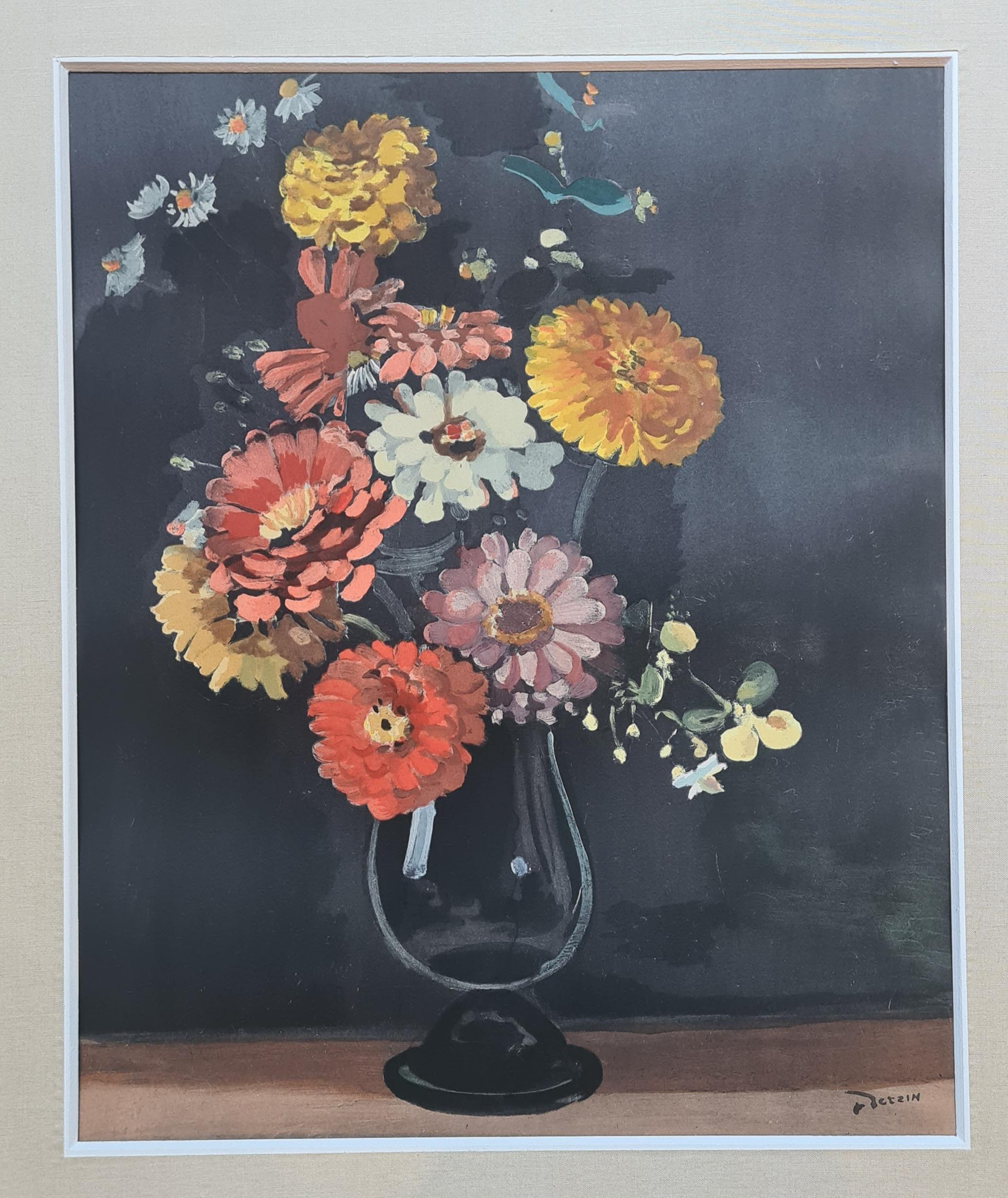 Still-Life Print André Derain - Pochoir français, Nature morte aux fleurs, Bouquet de Zinnias de 1946
