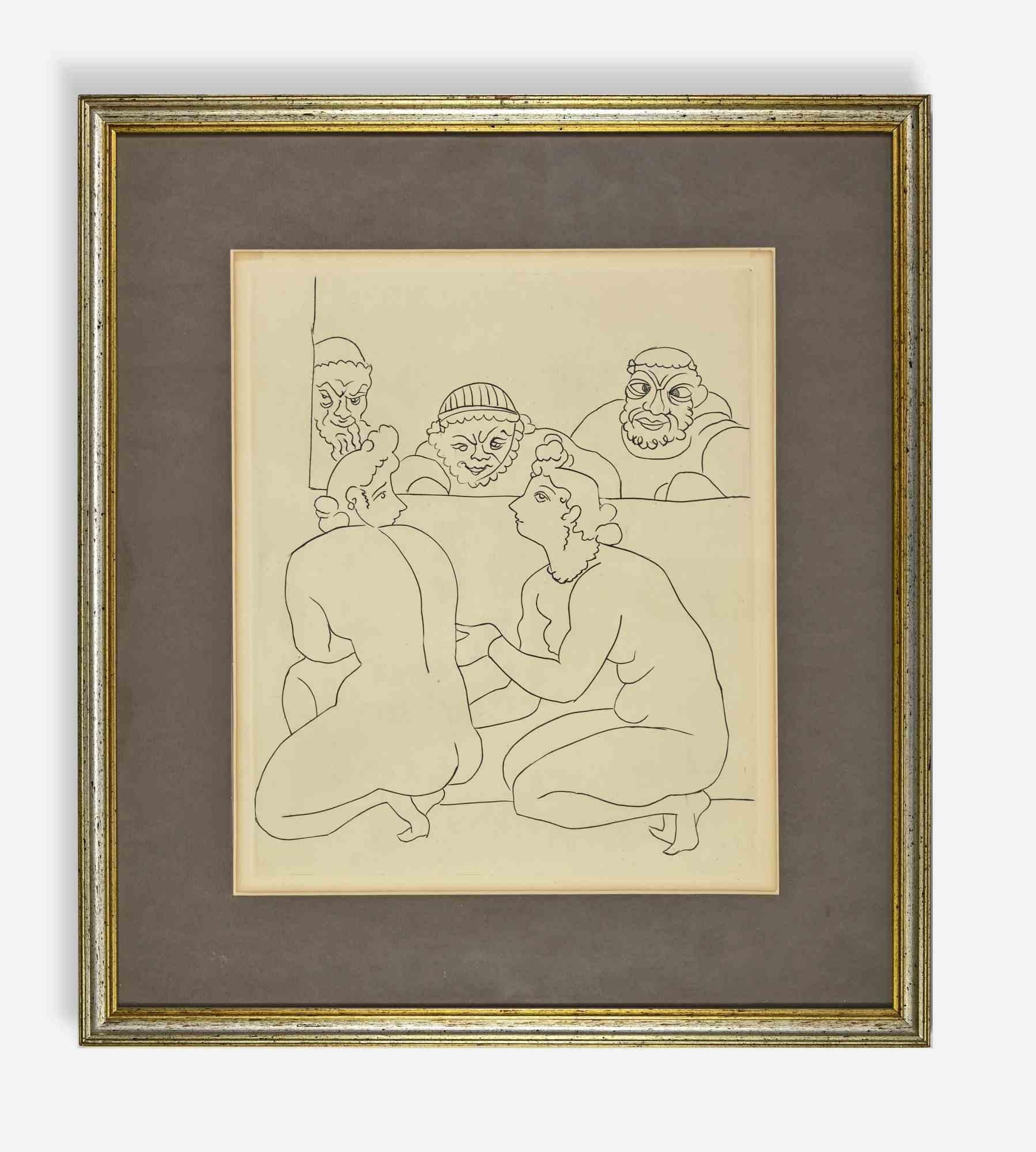 Le Satyricon is a modern artwork realized by Andrè Derain in 1951

Black and white etching.

Includes frame.

Fair conditions.

The artwork is the plate 4 published by Aux Depens d'un Amateur, Paris 1951.

Reference: Cat. Ambroise Vollard Editeur -