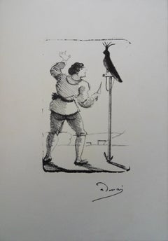 Uomo con pappagallo - Litografia originale, 1950