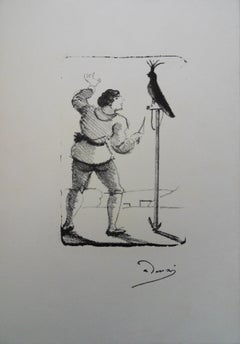 Man mit einem Papagei - Originallithographie, 1950