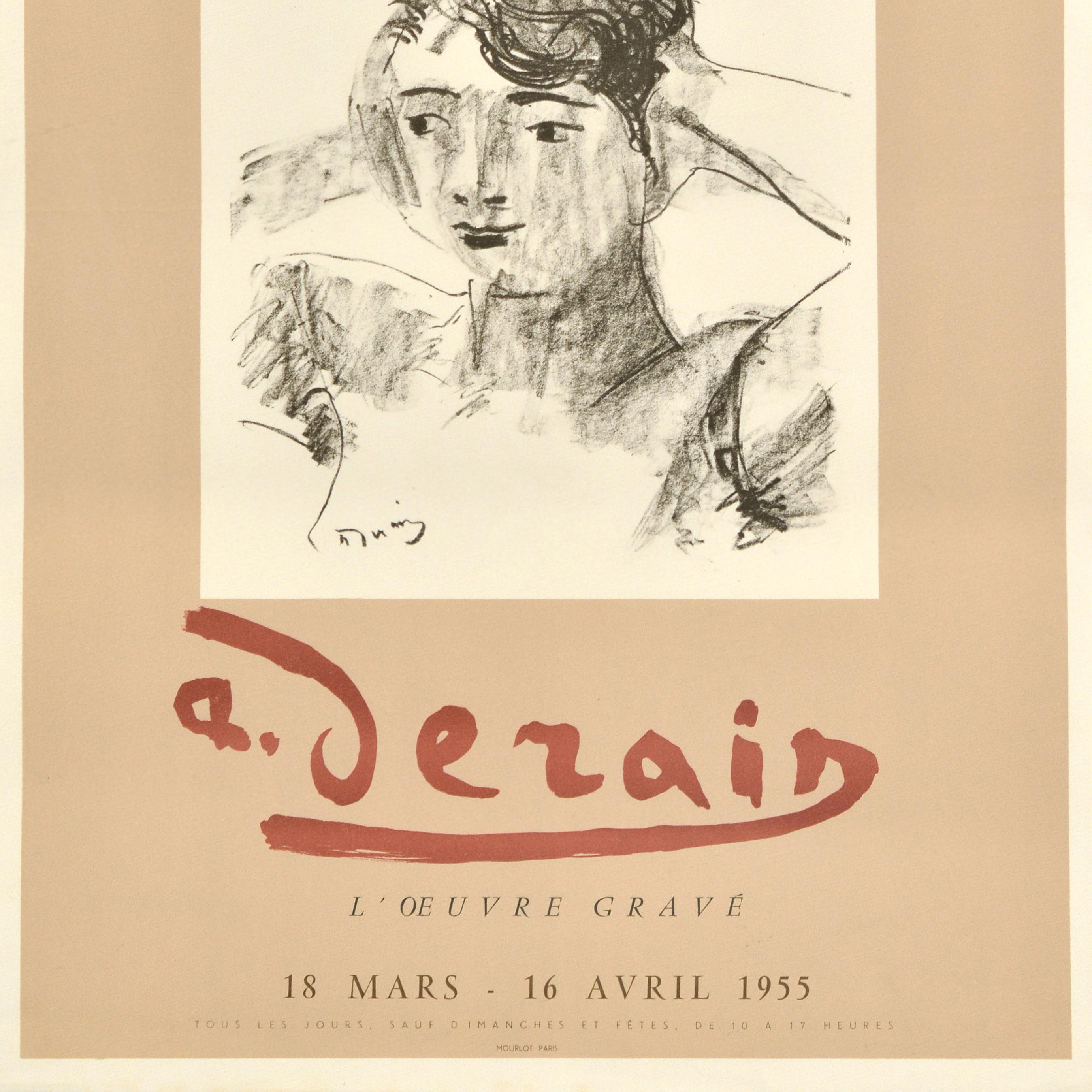 Cartel original de época para una exposición de obras del artista, pintor, escultor y cofundador del fauvismo francés André Derain (1880-1954): Bibliotheque Nationale A. Derain L'Oeuvre Grave / La Obra Grabada, celebrada en la Biblioteca Nacional de