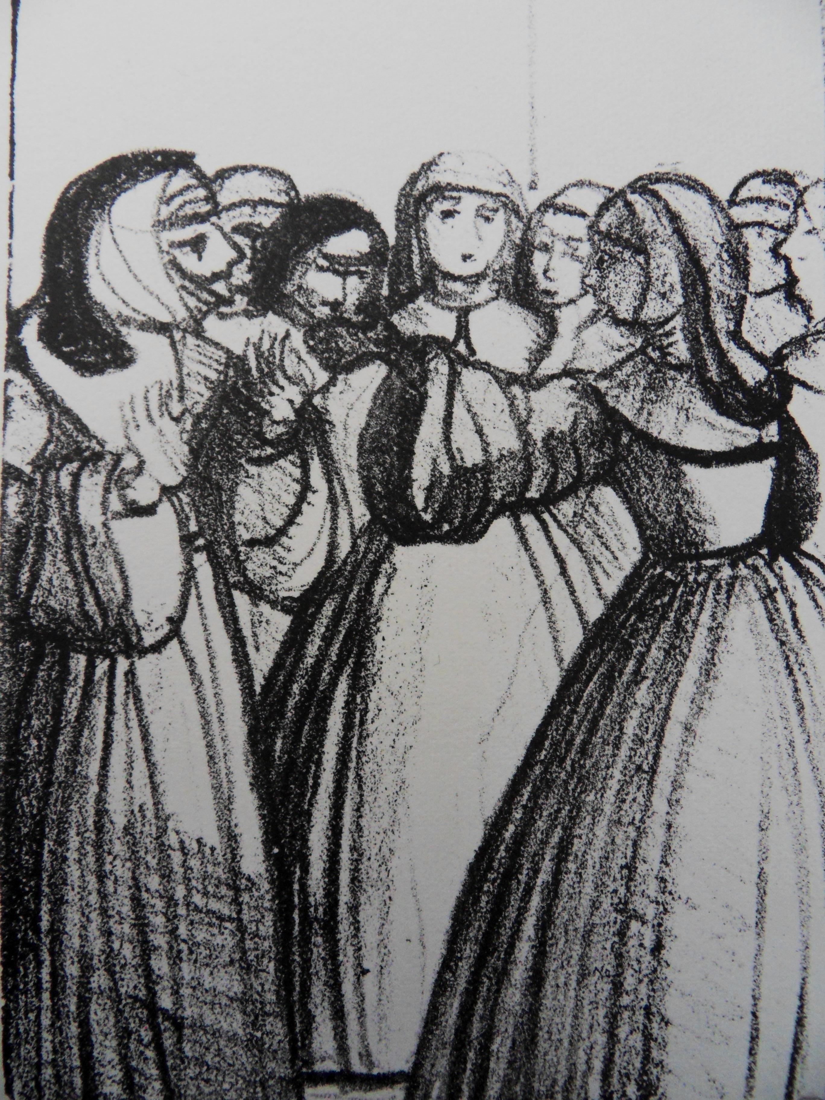 The Nuns Going to the Prayer - Original lithograph, 1950 - Gray Figurative Print by André Derain
