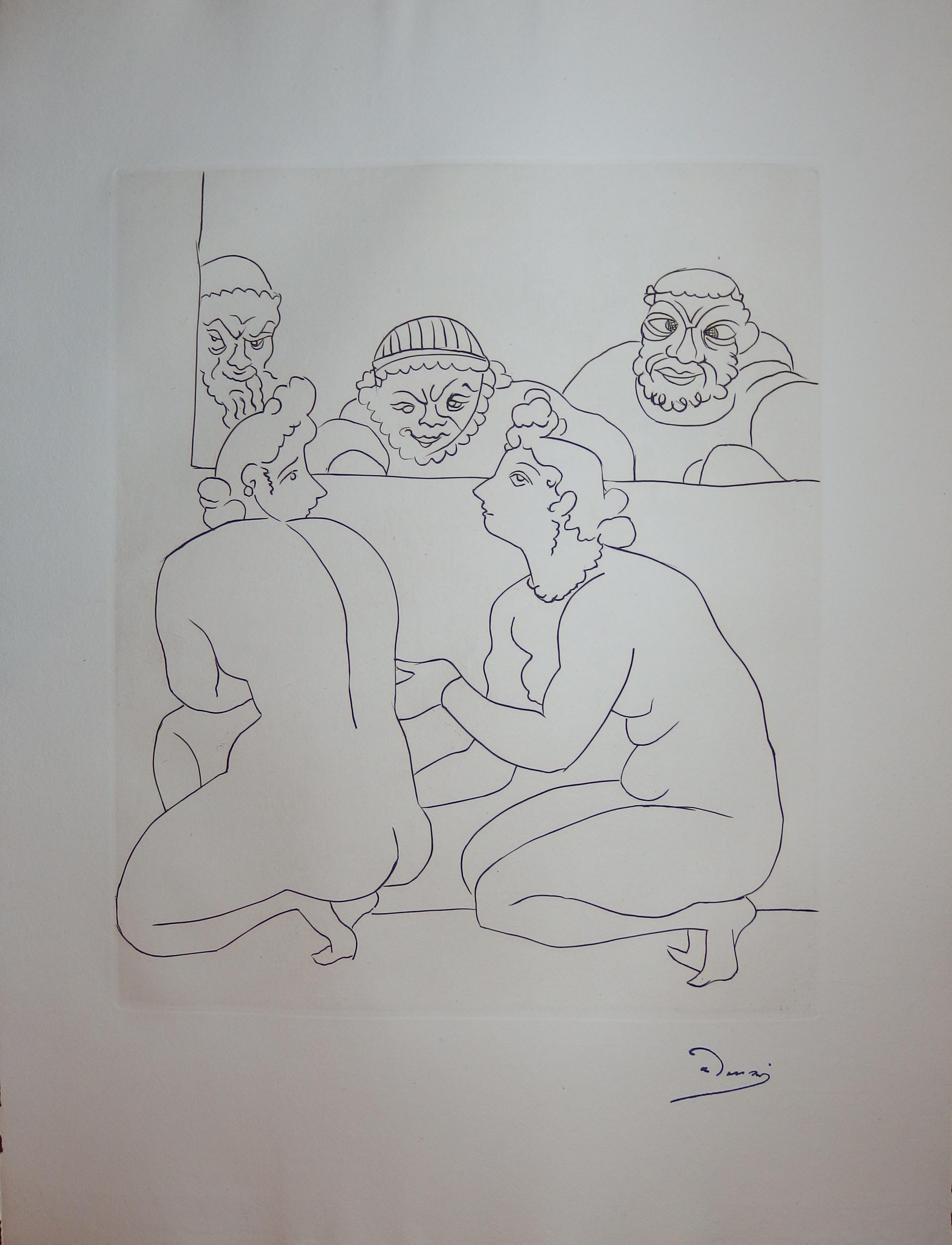 Nudefarbene Frauen sprechen mit Männern – Original-Radierung – 1951