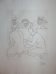 Two Nude Women Discussing with Men - Original etching - 1951