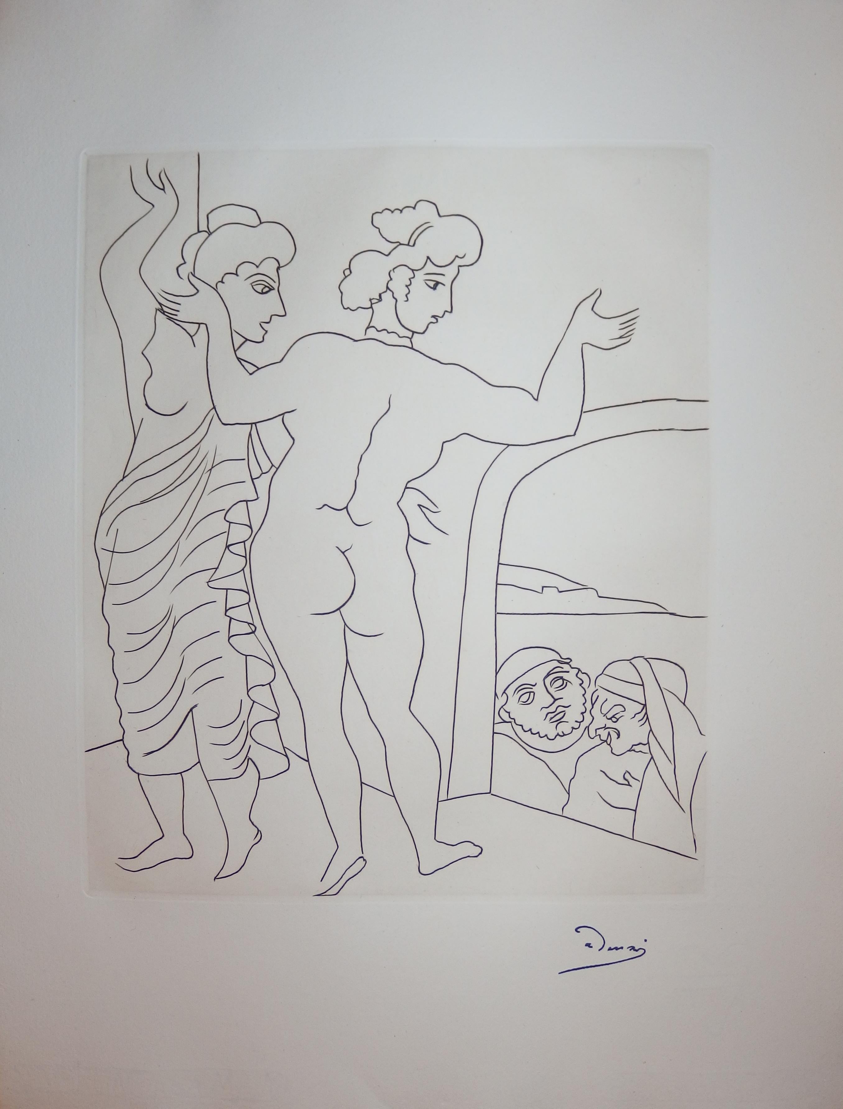 Nudefarbene Frauen auf der Flucht - Original-Radierung - 1951