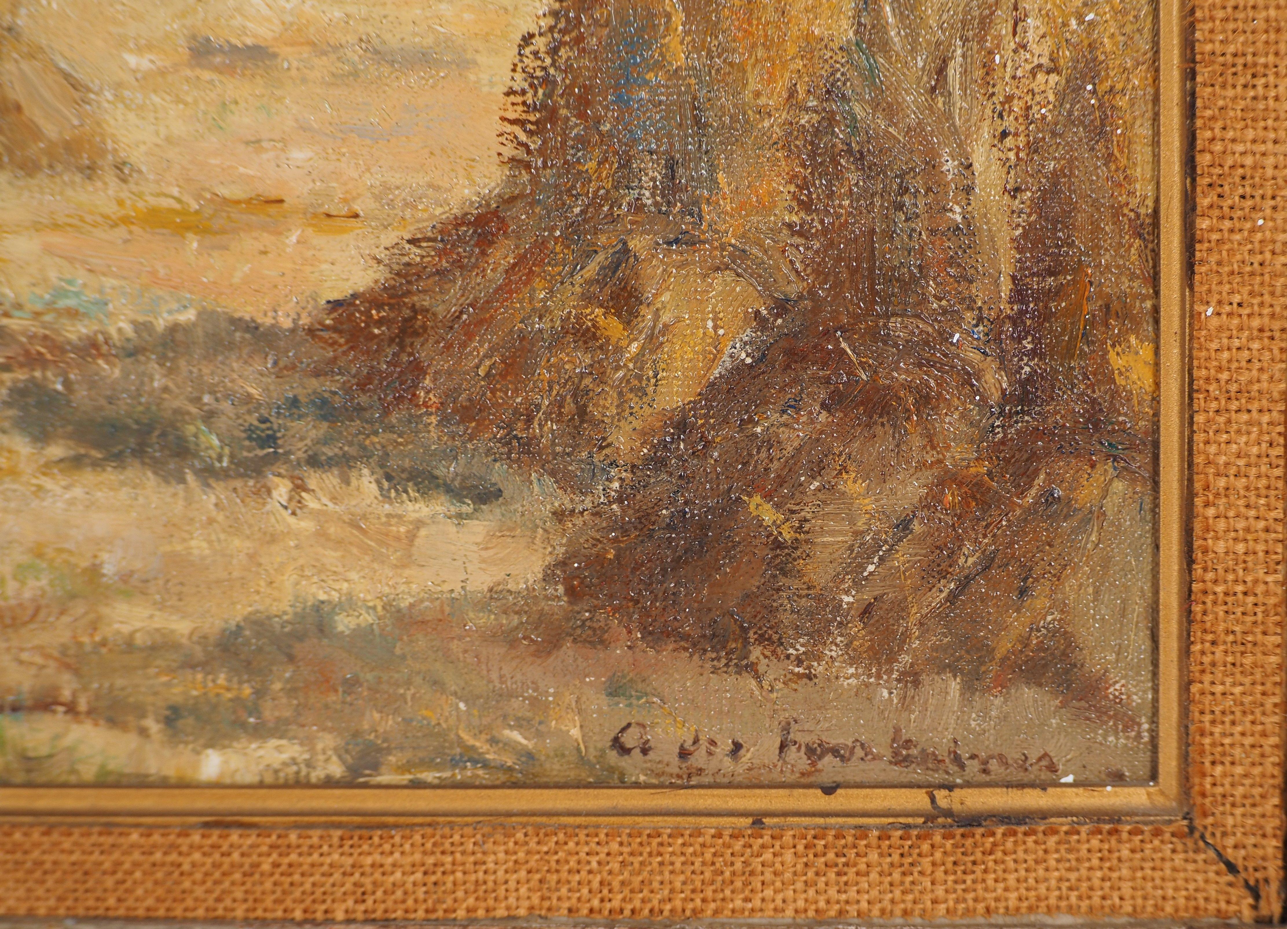 Scuola di Barbizon: Il raccolto - Olio originale su tela, firmato - Painting di Andre Des Fontaines